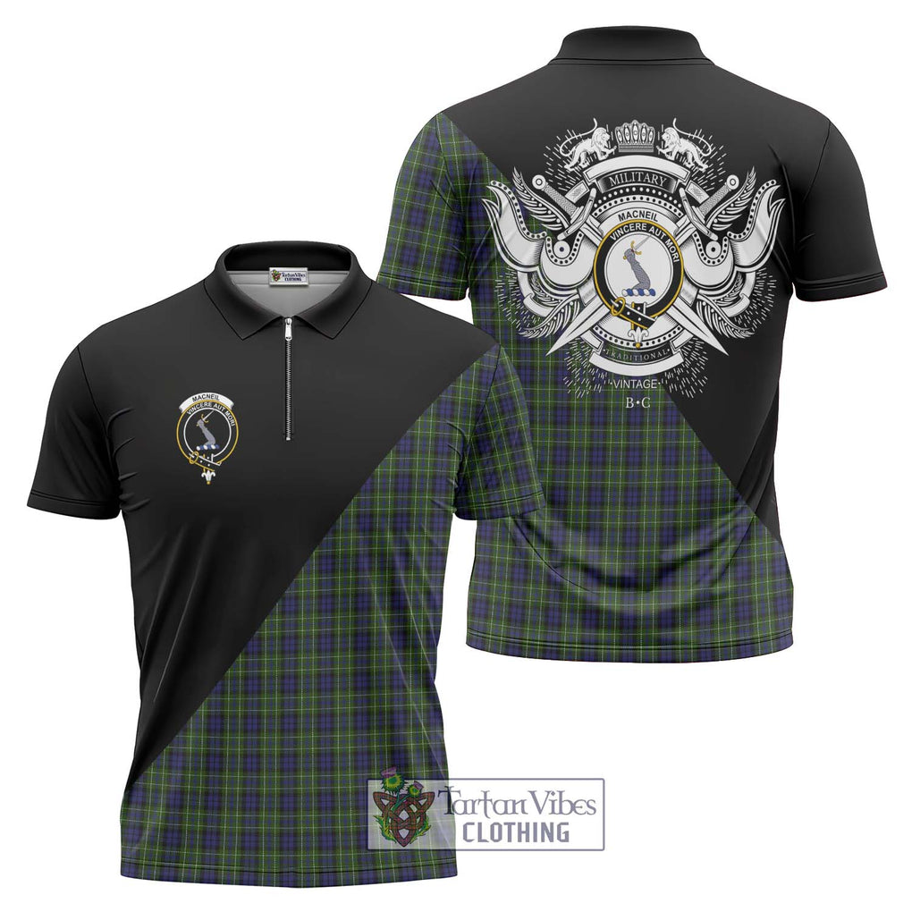 MacNeil of Colonsay Tartan Zipper Polo Shirt with Family Crest and Military Logo Style Unisex - Tartanvibesclothing Shop