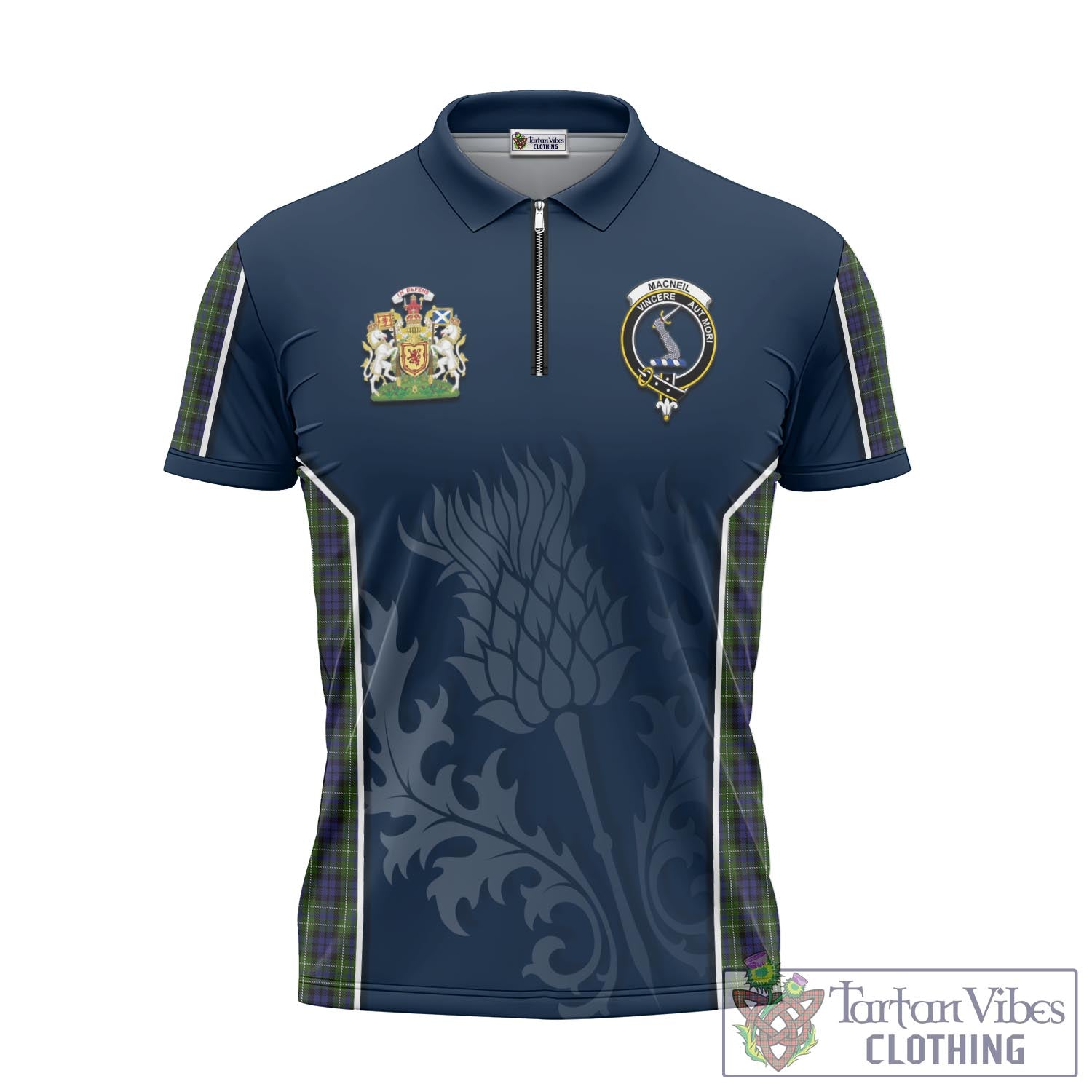 Tartan Vibes Clothing MacNeil of Colonsay Tartan Zipper Polo Shirt with Family Crest and Scottish Thistle Vibes Sport Style