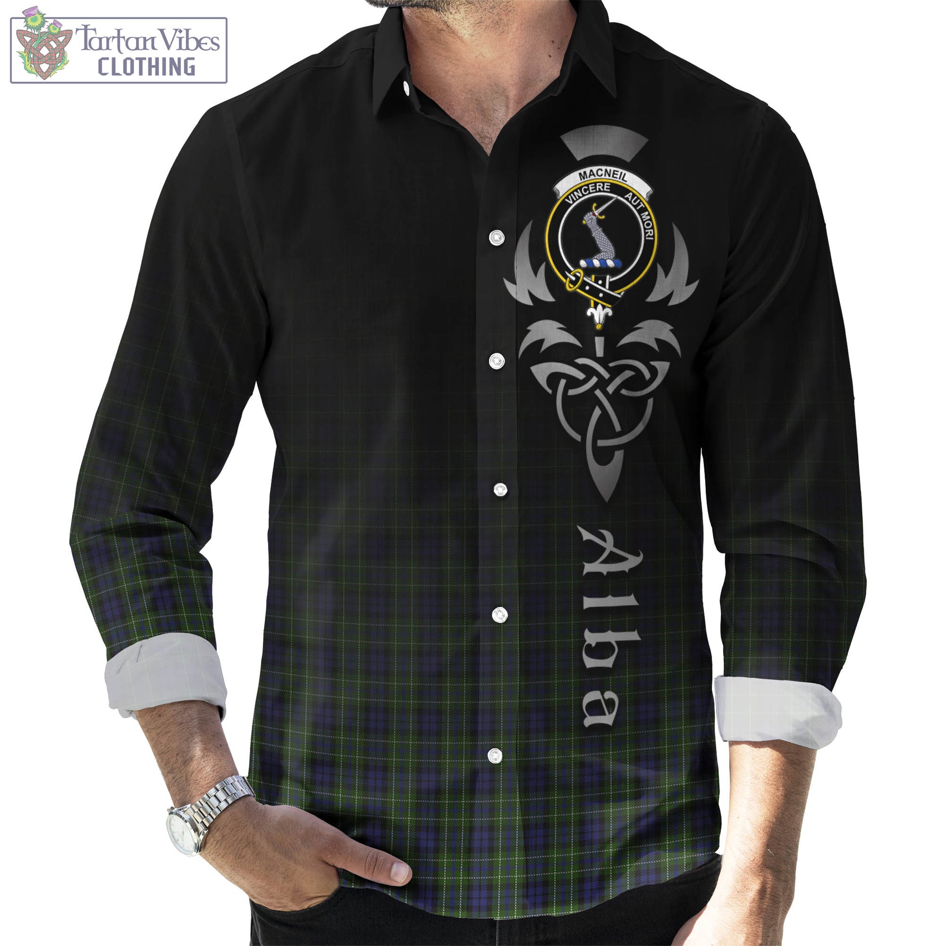 Tartan Vibes Clothing MacNeil of Colonsay Tartan Long Sleeve Button Up Featuring Alba Gu Brath Family Crest Celtic Inspired