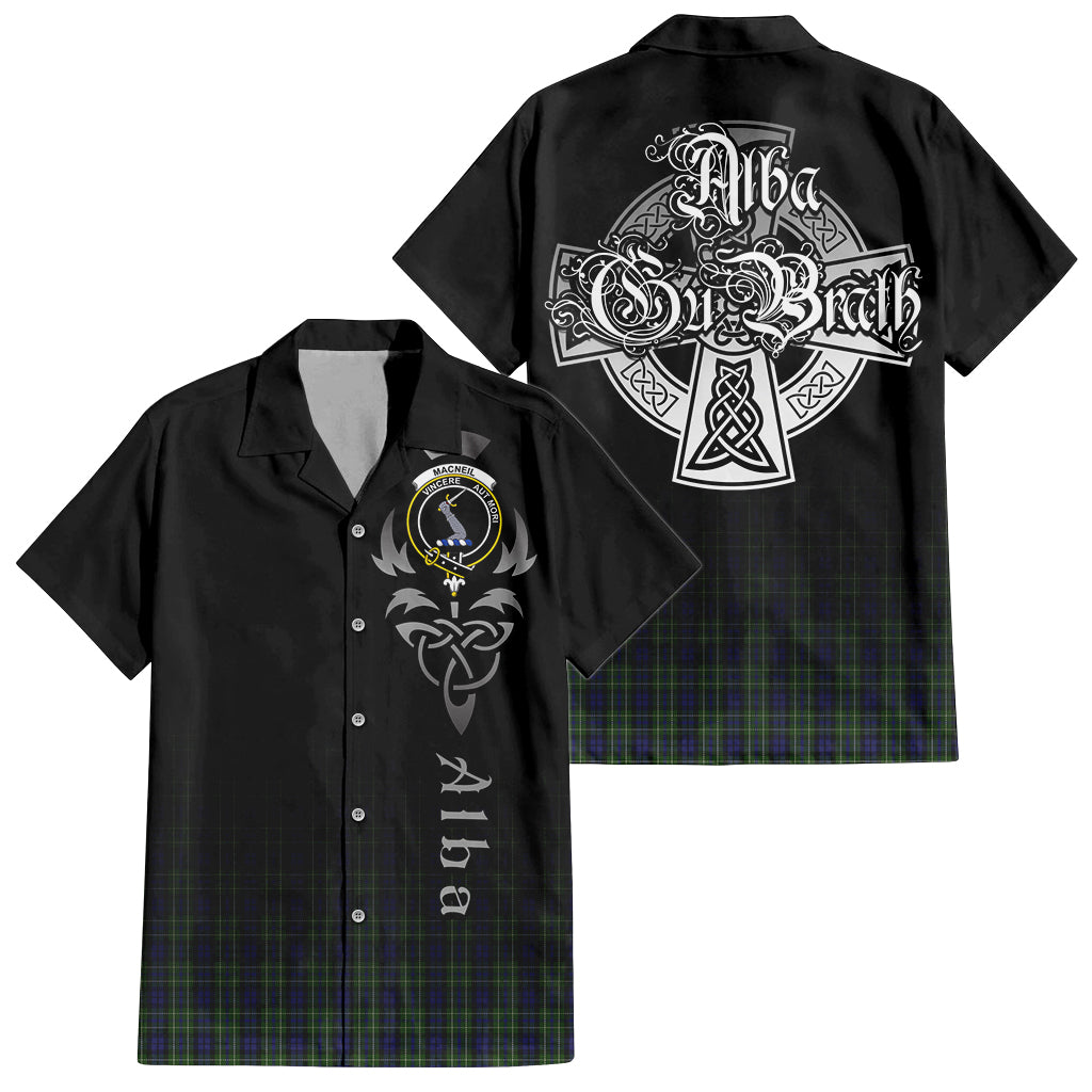 Tartan Vibes Clothing MacNeil of Colonsay Tartan Short Sleeve Button Up Featuring Alba Gu Brath Family Crest Celtic Inspired