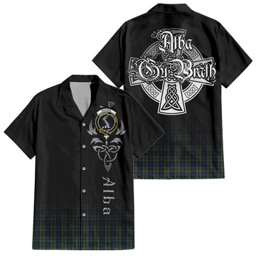 MacNeil of Colonsay Tartan Short Sleeve Button Up Shirt Featuring Alba Gu Brath Family Crest Celtic Inspired