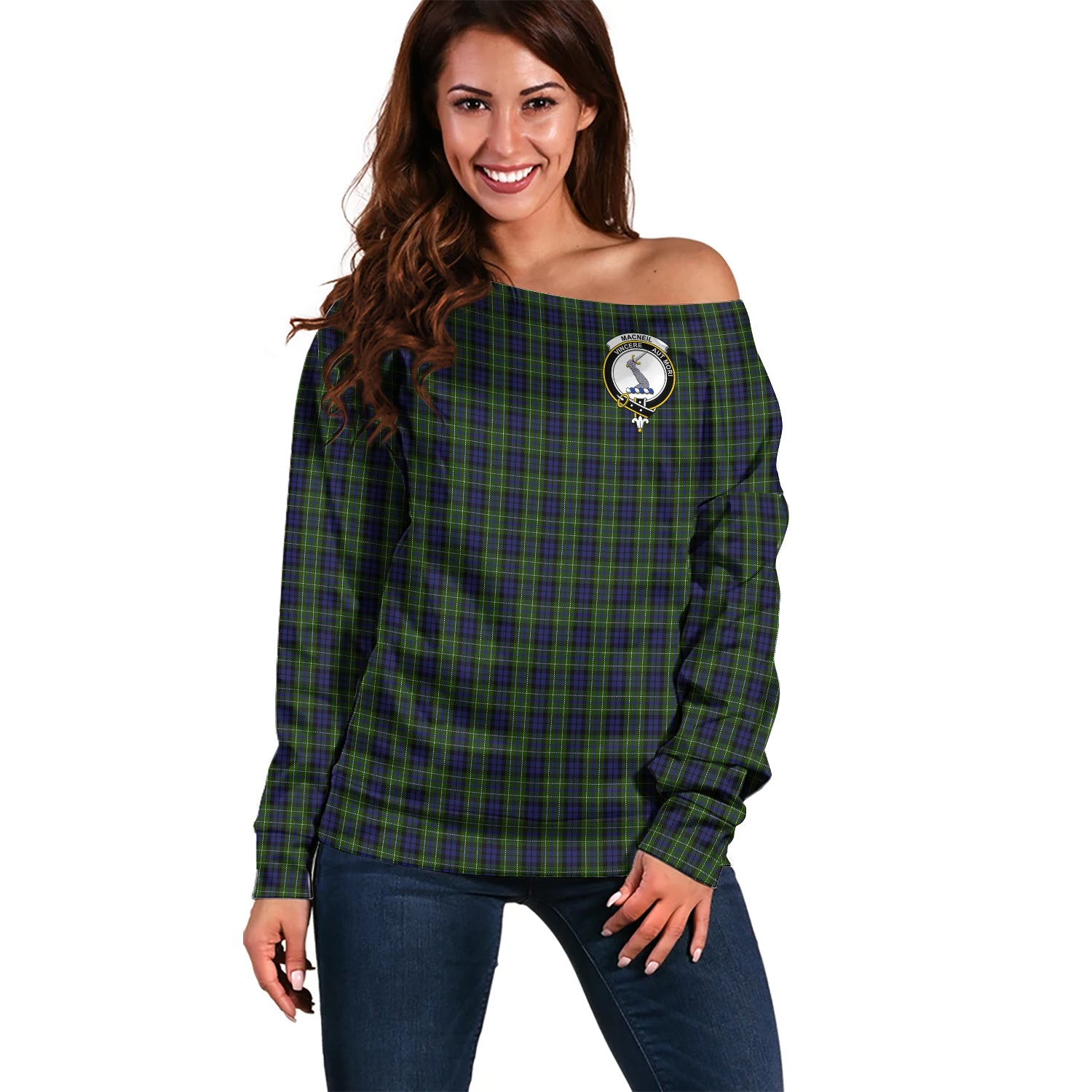 MacNeil of Colonsay Tartan Off Shoulder Women Sweater with Family Crest Women - Tartanvibesclothing