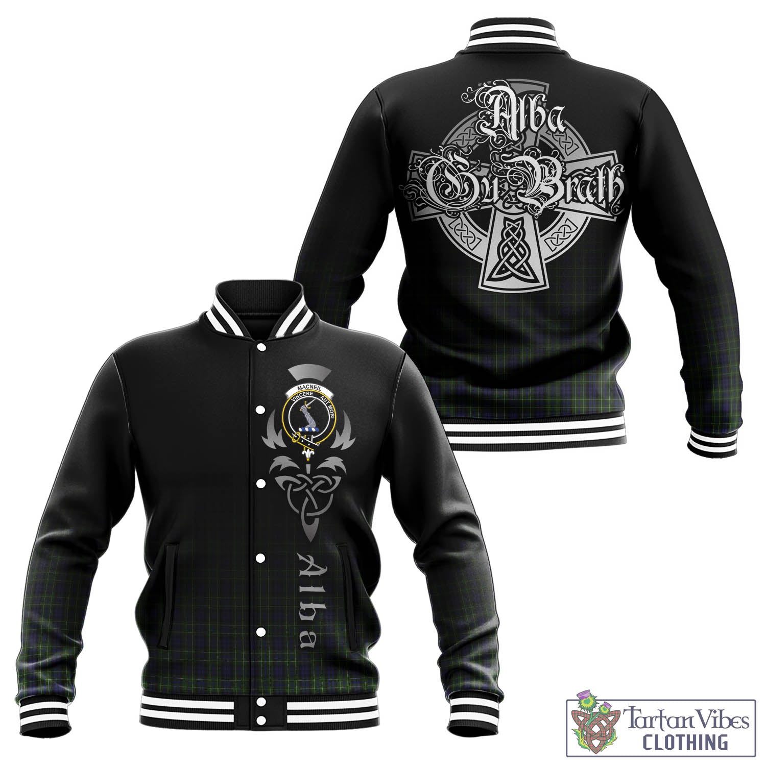 Tartan Vibes Clothing MacNeil of Colonsay Tartan Baseball Jacket Featuring Alba Gu Brath Family Crest Celtic Inspired