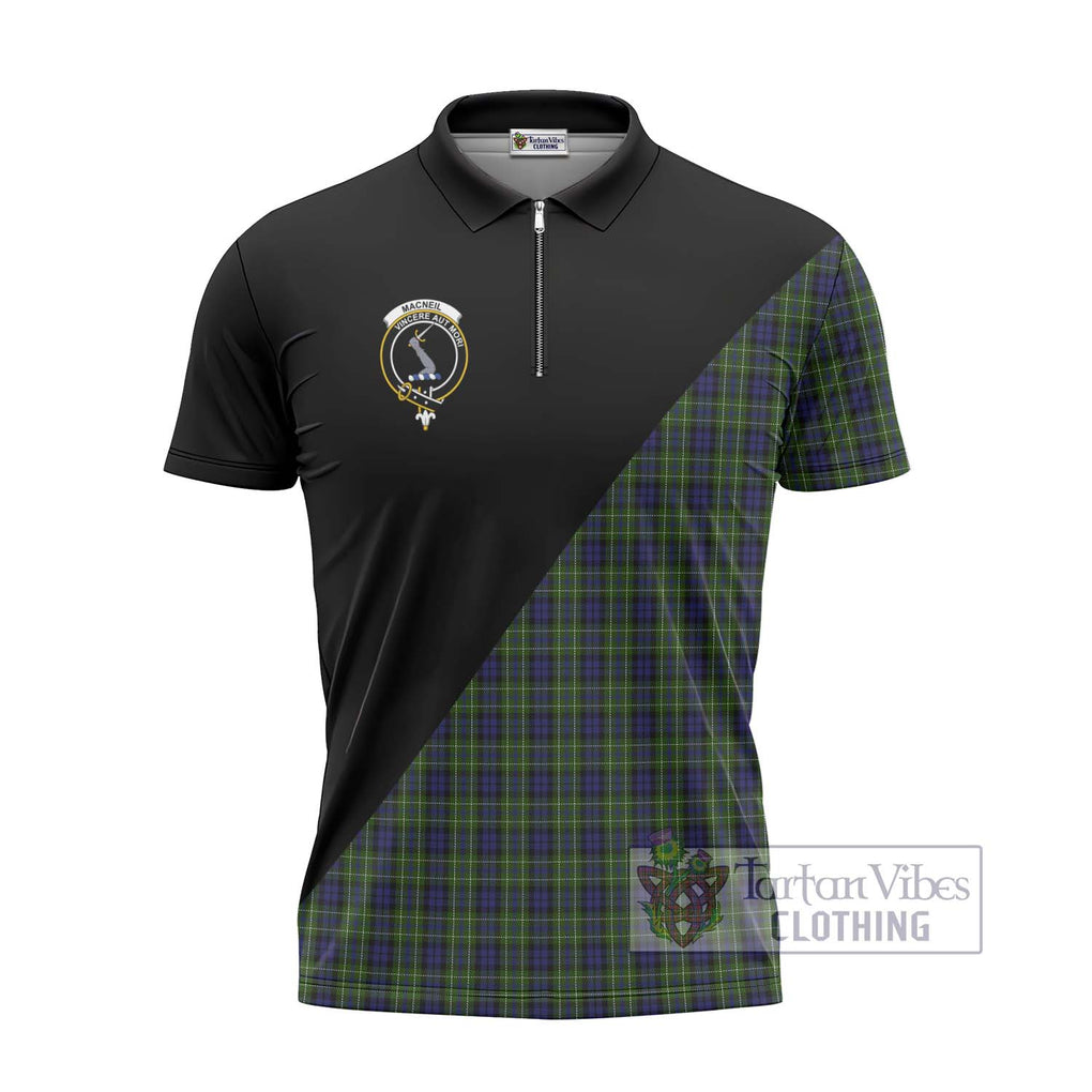 MacNeil of Colonsay Tartan Zipper Polo Shirt with Family Crest and Military Logo Style - Tartanvibesclothing Shop