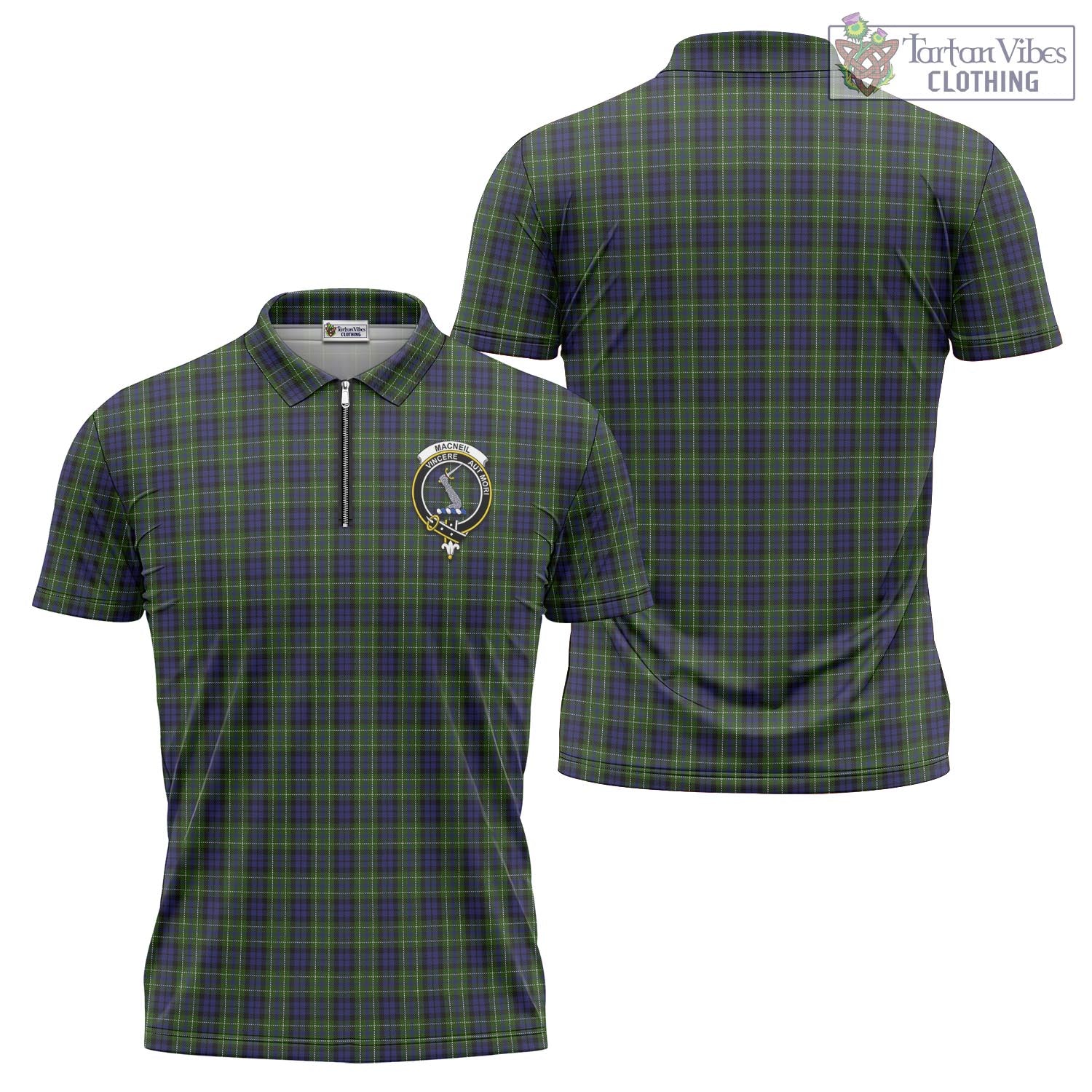 Tartan Vibes Clothing MacNeil of Colonsay Tartan Zipper Polo Shirt with Family Crest