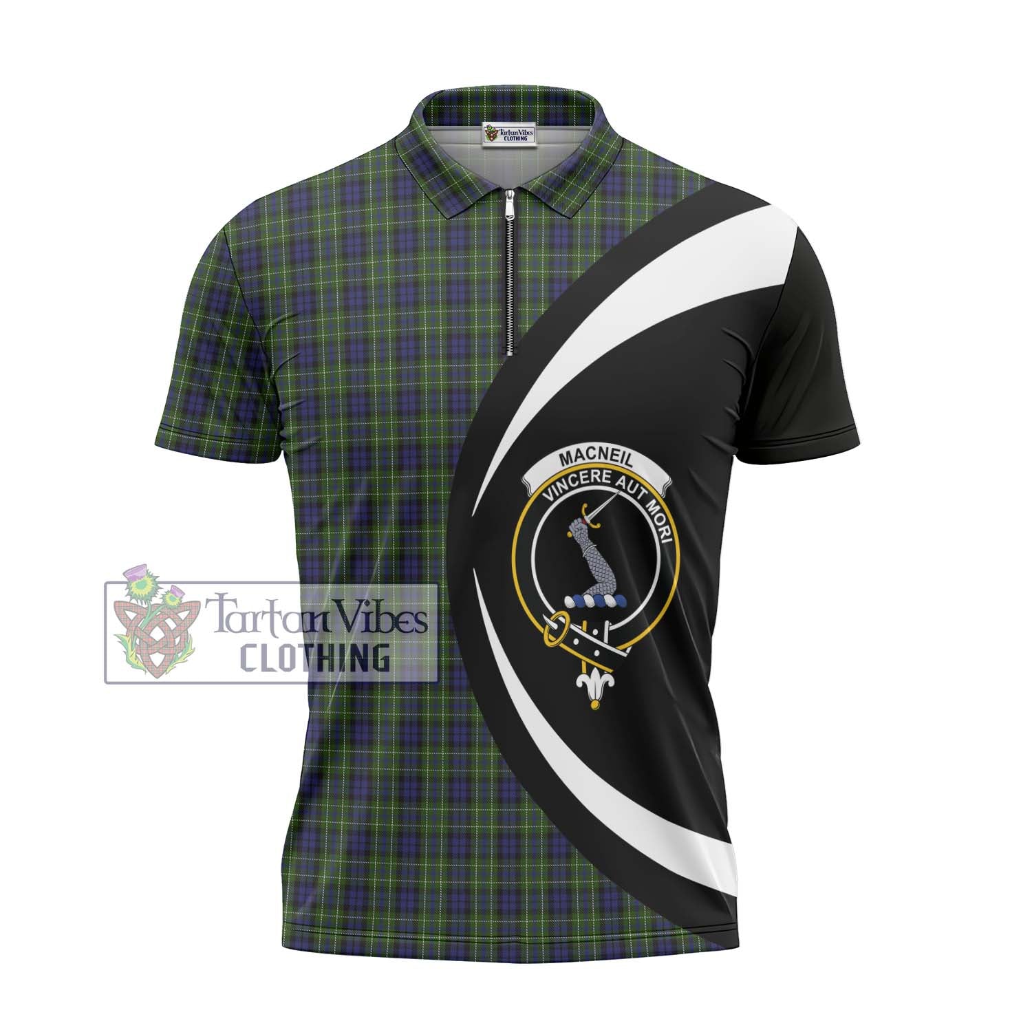 Tartan Vibes Clothing MacNeil of Colonsay Tartan Zipper Polo Shirt with Family Crest Circle Style