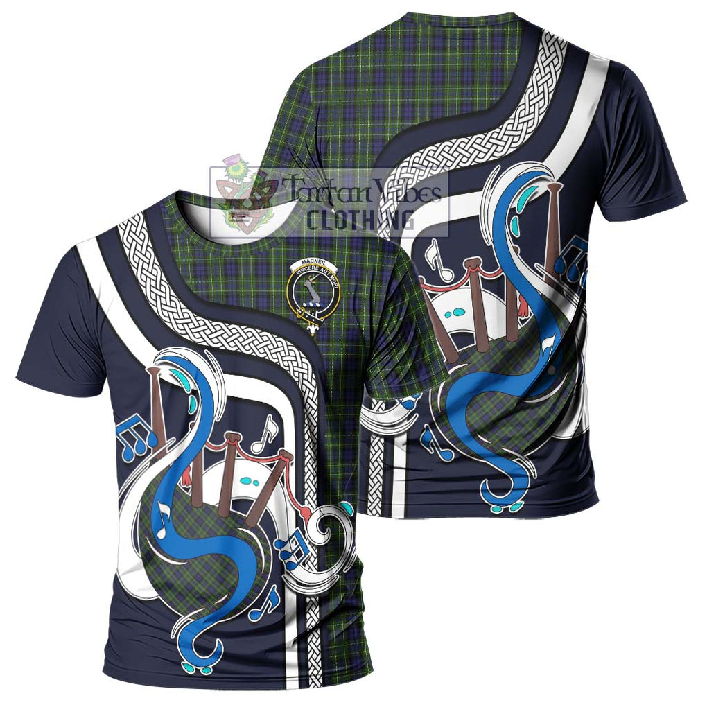 MacNeil of Colonsay Tartan T-Shirt with Epic Bagpipe Style - Tartanvibesclothing Shop