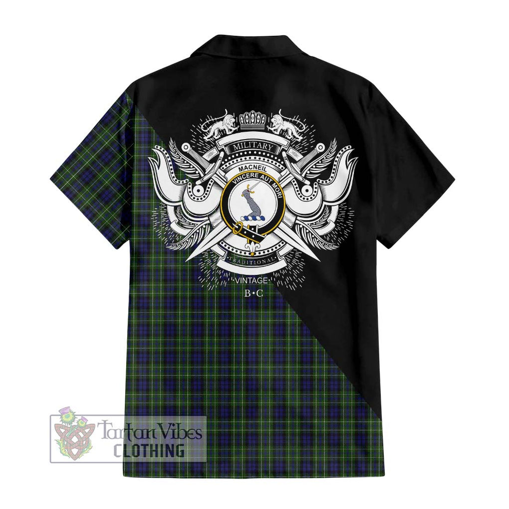 MacNeil of Colonsay Tartan Short Sleeve Button Shirt with Family Crest and Military Logo Style - Tartanvibesclothing Shop