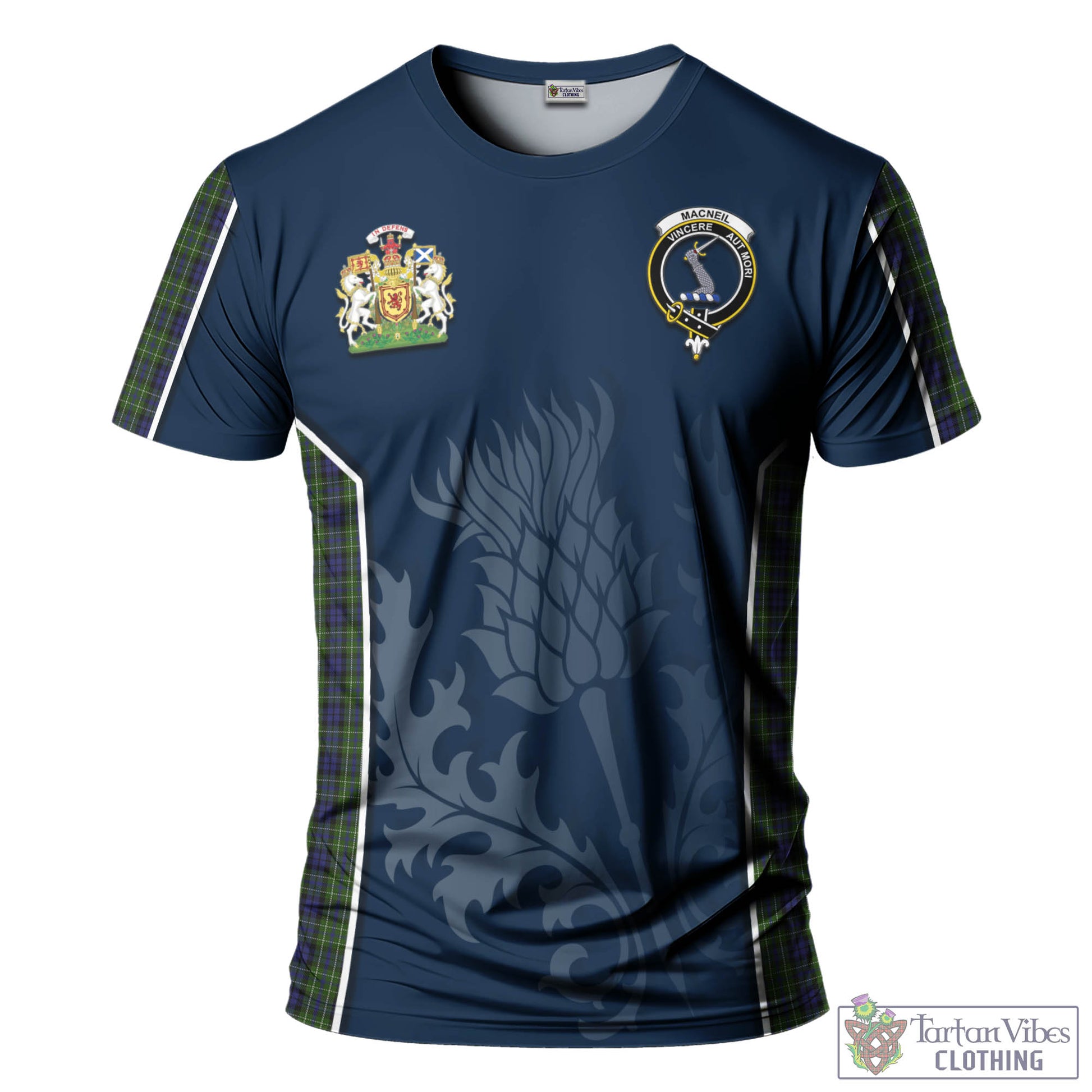 Tartan Vibes Clothing MacNeil of Colonsay Tartan T-Shirt with Family Crest and Scottish Thistle Vibes Sport Style