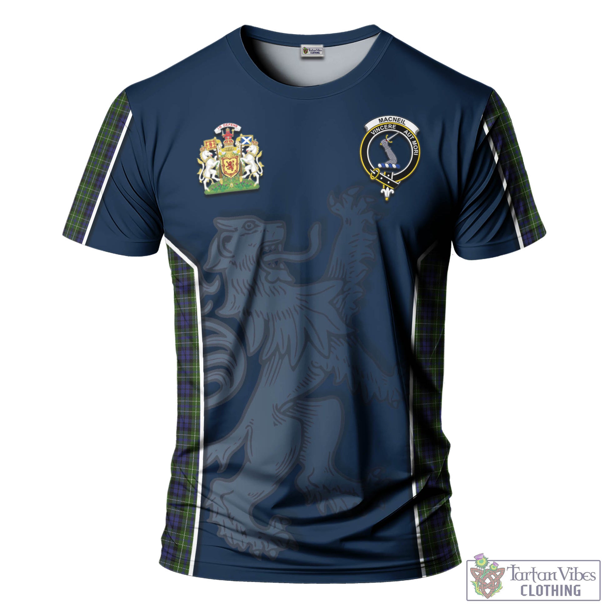 Tartan Vibes Clothing MacNeil of Colonsay Tartan T-Shirt with Family Crest and Lion Rampant Vibes Sport Style