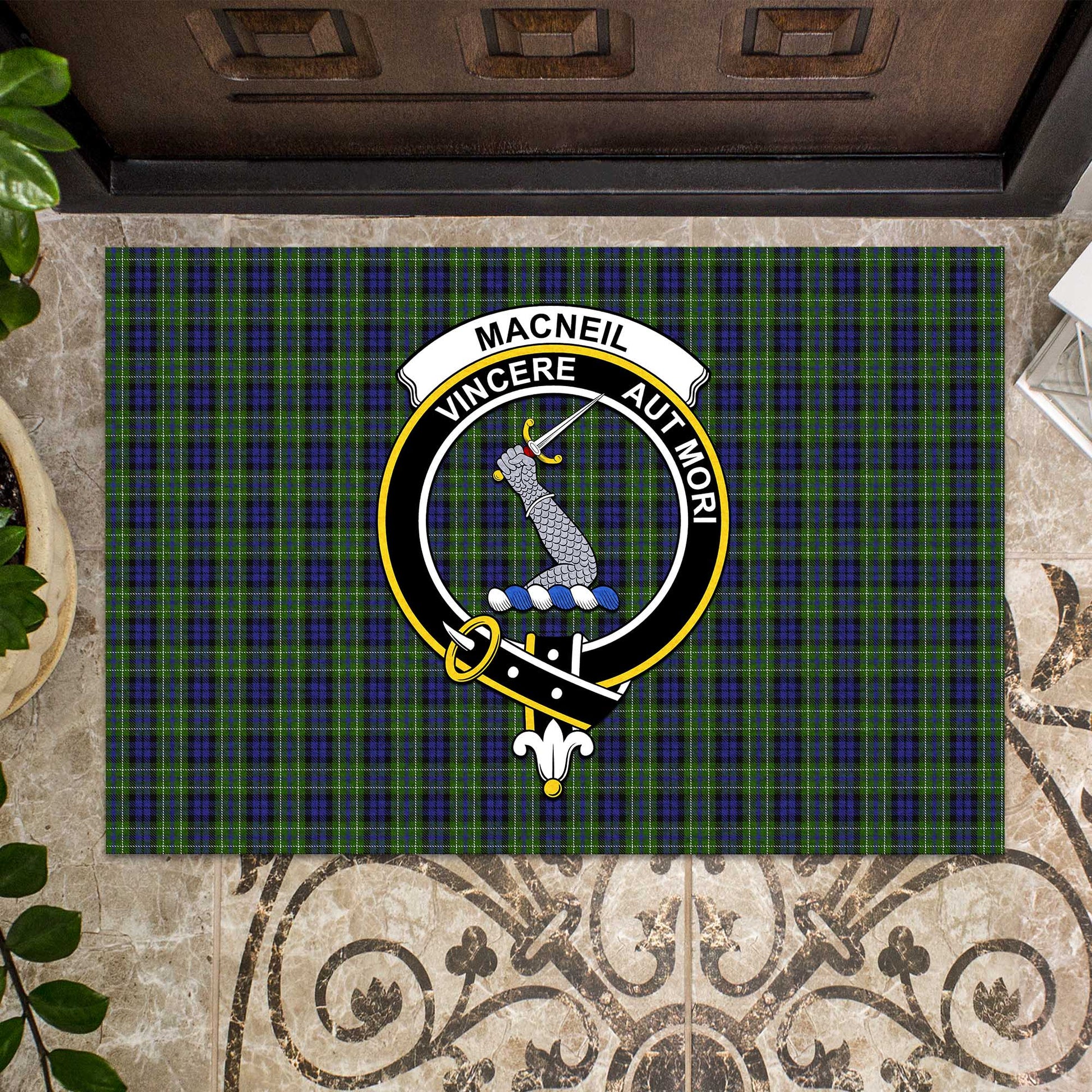 MacNeil of Colonsay Tartan Door Mat with Family Crest - Tartanvibesclothing