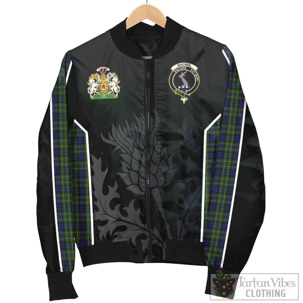 Tartan Vibes Clothing MacNeil of Colonsay Tartan Bomber Jacket with Family Crest and Scottish Thistle Vibes Sport Style