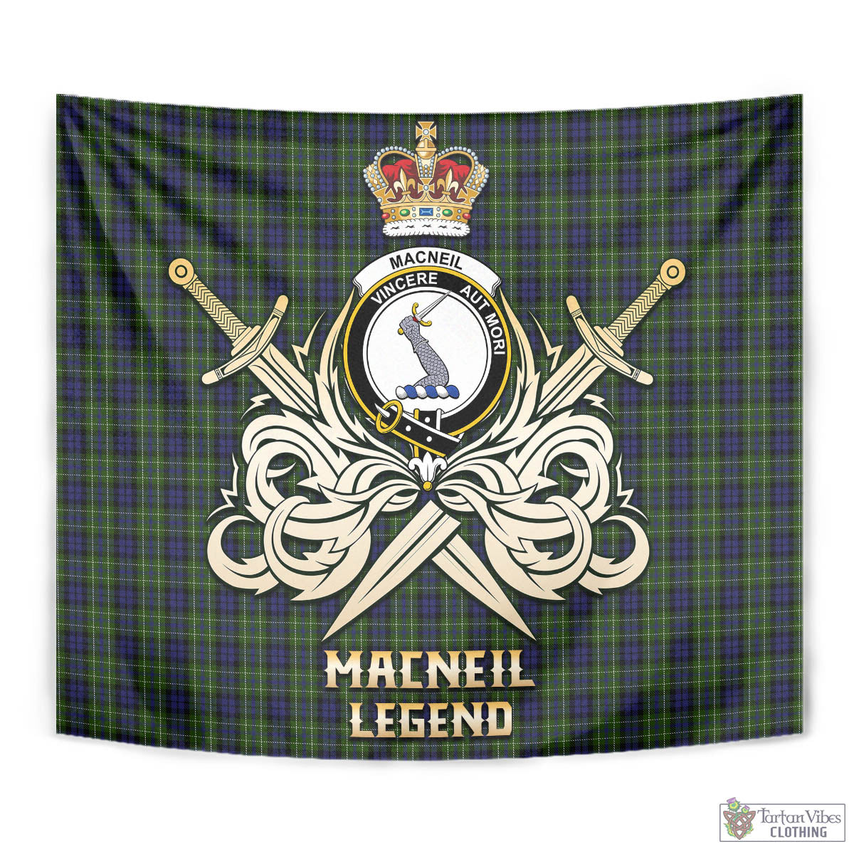 Tartan Vibes Clothing MacNeil of Colonsay Tartan Tapestry with Clan Crest and the Golden Sword of Courageous Legacy