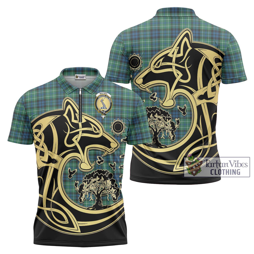 MacNeil of Colonsay Ancient Tartan Zipper Polo Shirt with Family Crest Celtic Wolf Style Unisex - Tartanvibesclothing Shop