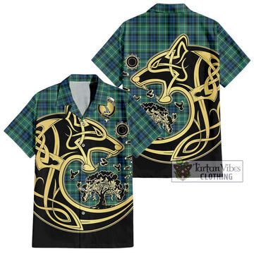 MacNeil of Colonsay Ancient Tartan Short Sleeve Button Shirt with Family Crest Celtic Wolf Style