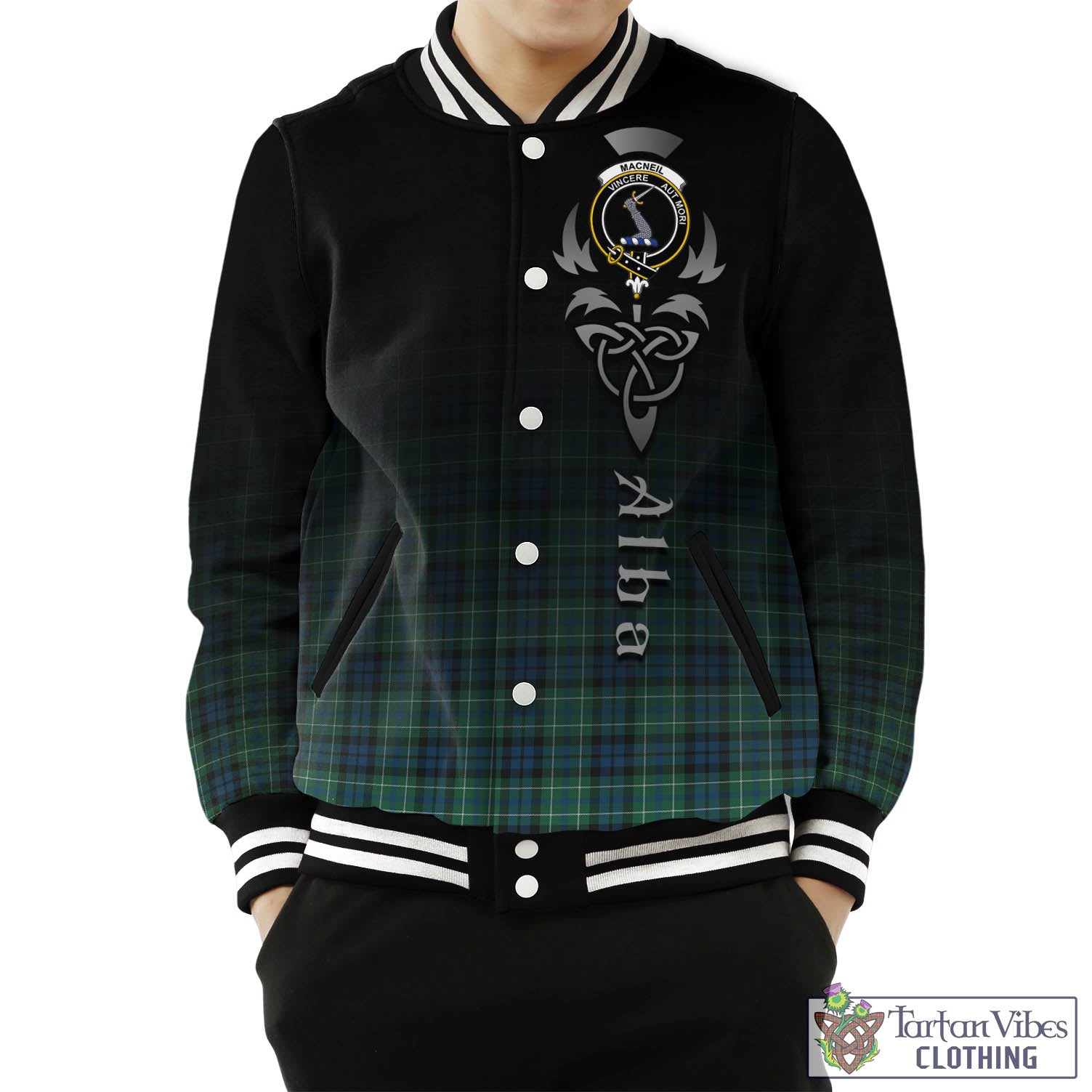 Tartan Vibes Clothing MacNeil of Colonsay Ancient Tartan Baseball Jacket Featuring Alba Gu Brath Family Crest Celtic Inspired