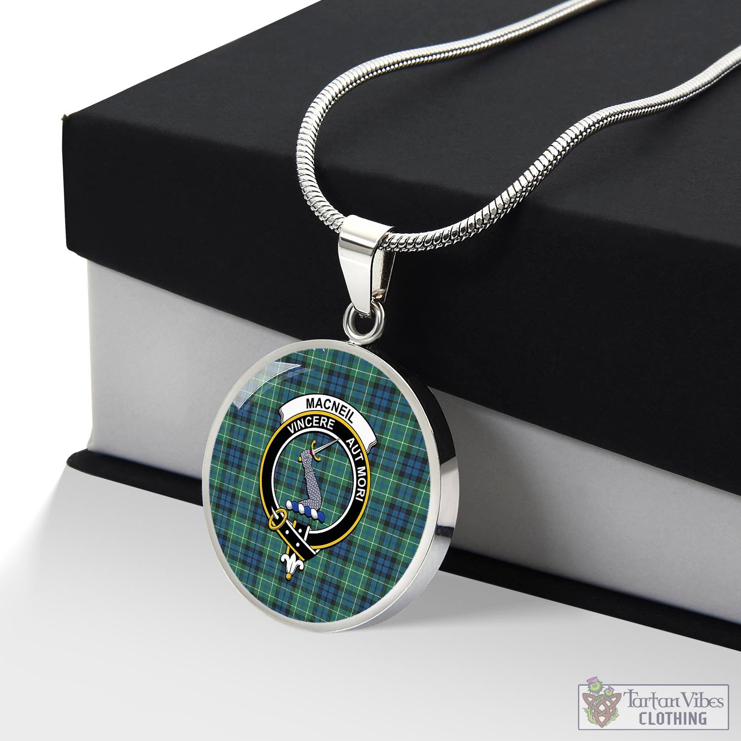 Tartan Vibes Clothing MacNeil of Colonsay Ancient Tartan Circle Necklace with Family Crest