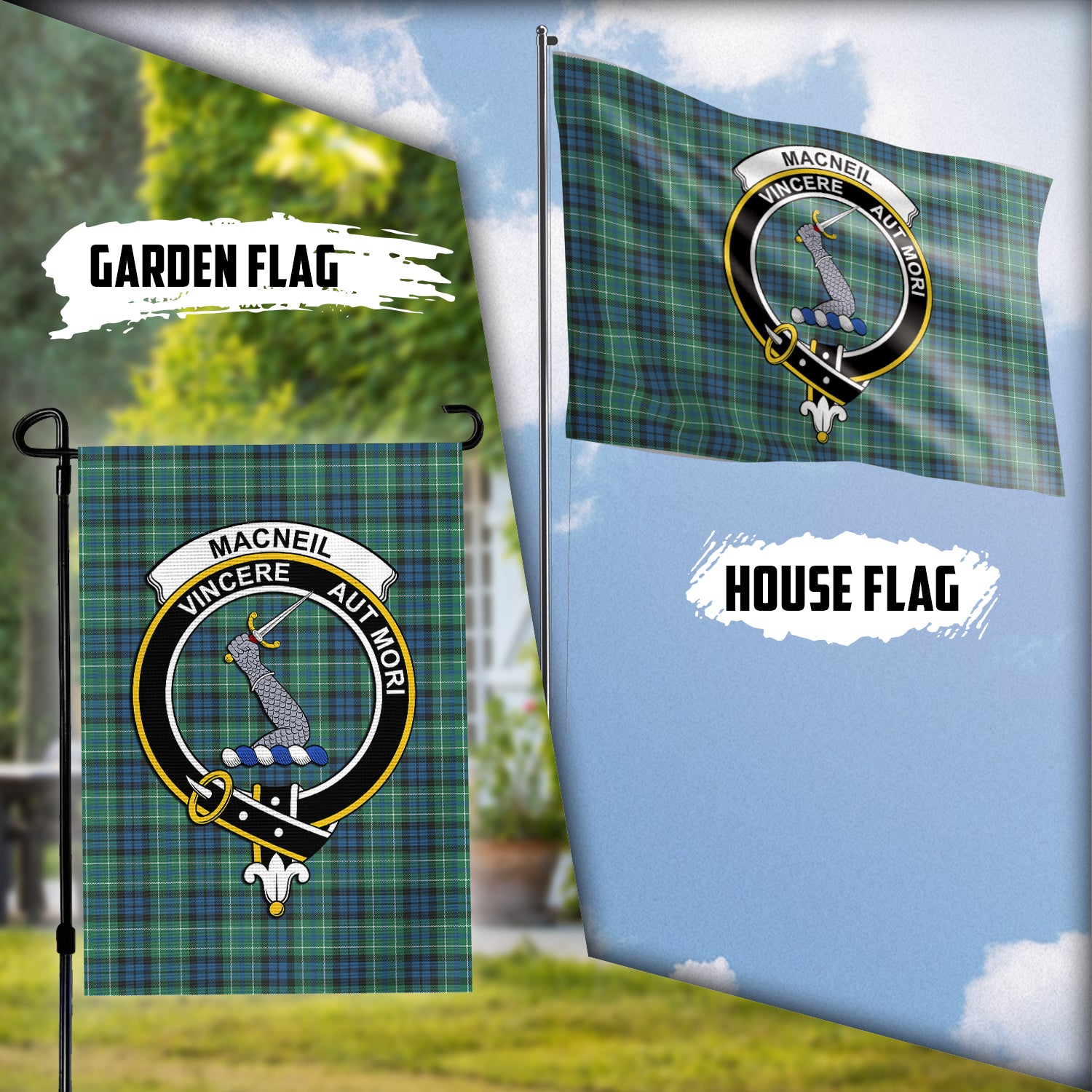 MacNeil of Colonsay Ancient Tartan Flag with Family Crest Garden Flag (Vertical) - Tartan Vibes Clothing