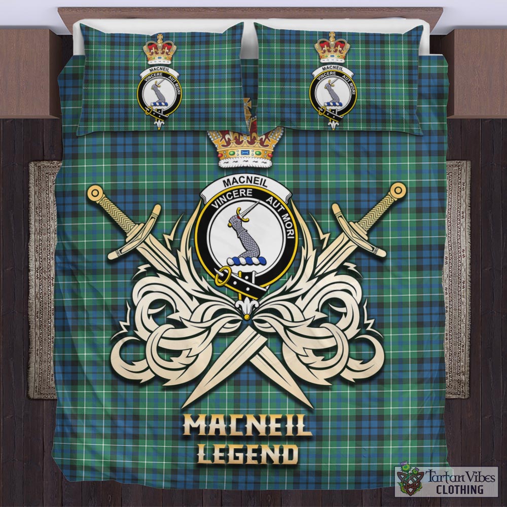 Tartan Vibes Clothing MacNeil of Colonsay Ancient Tartan Bedding Set with Clan Crest and the Golden Sword of Courageous Legacy