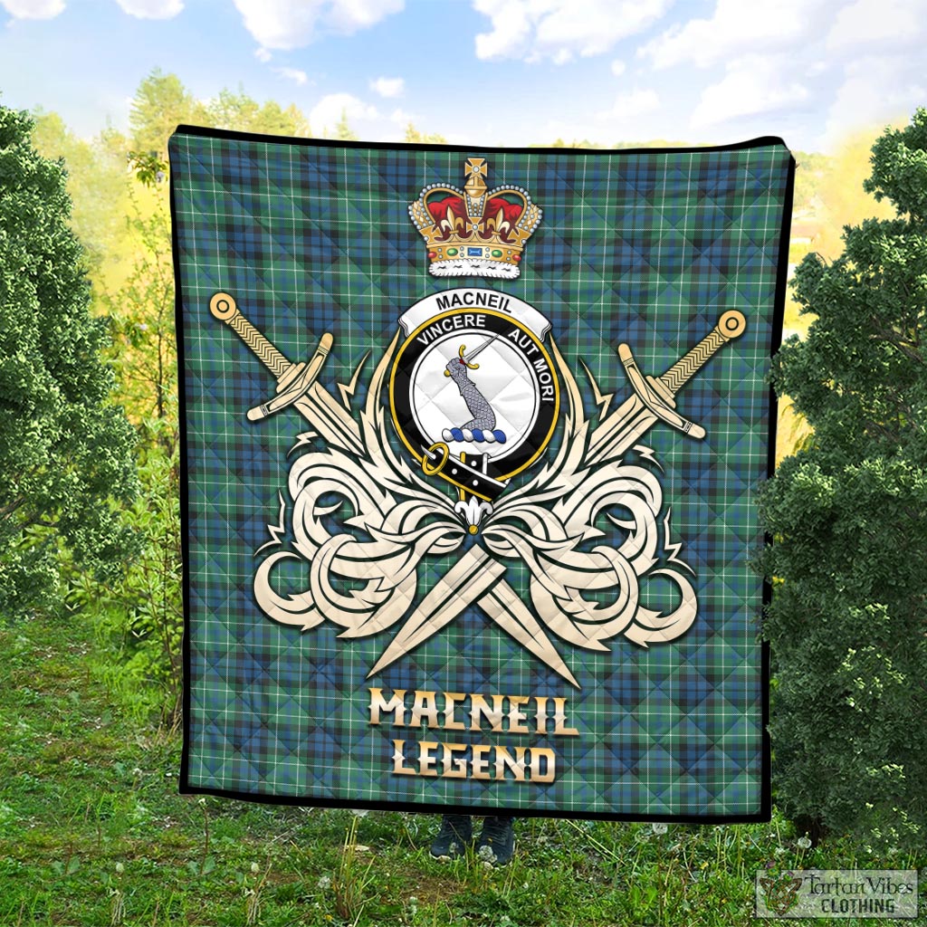 Tartan Vibes Clothing MacNeil of Colonsay Ancient Tartan Quilt with Clan Crest and the Golden Sword of Courageous Legacy