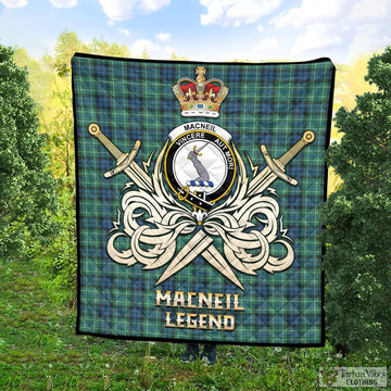 MacNeil of Colonsay Ancient Tartan Quilt with Clan Crest and the Golden Sword of Courageous Legacy