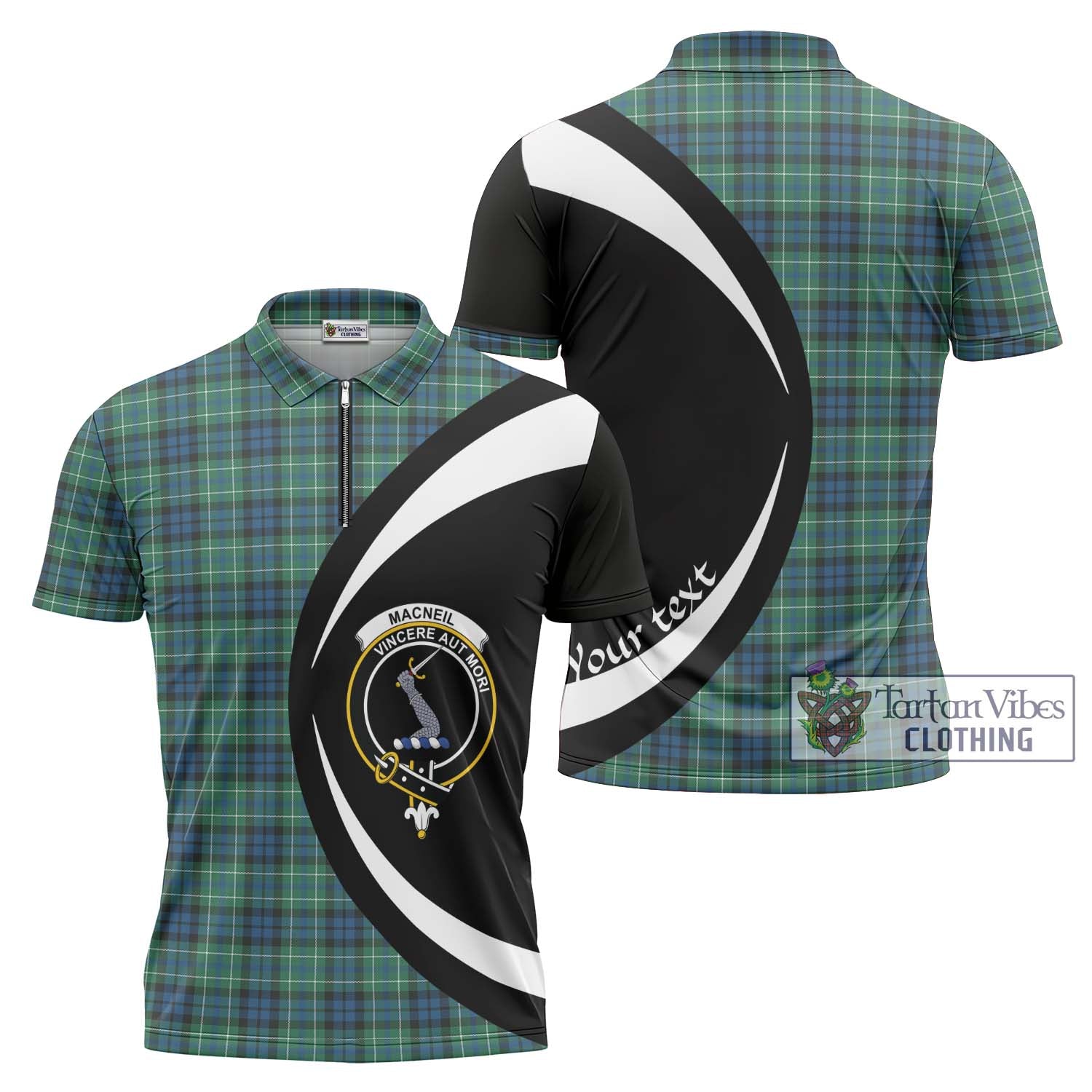 Tartan Vibes Clothing MacNeil of Colonsay Ancient Tartan Zipper Polo Shirt with Family Crest Circle Style