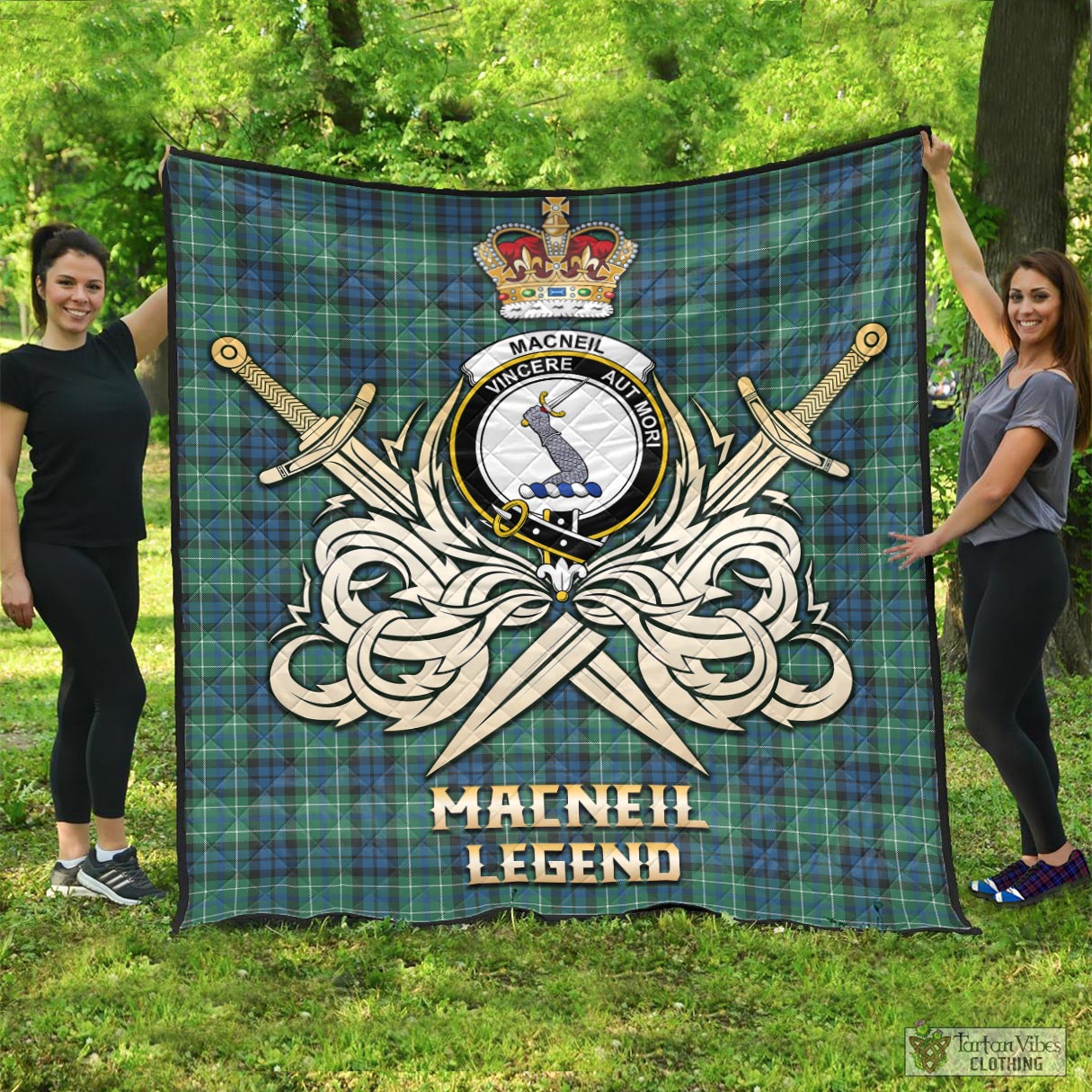 Tartan Vibes Clothing MacNeil of Colonsay Ancient Tartan Quilt with Clan Crest and the Golden Sword of Courageous Legacy