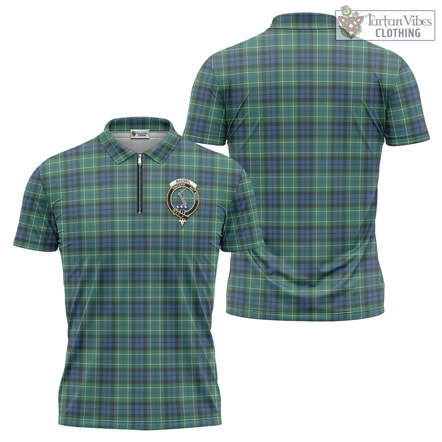 Tartan Vibes Clothing MacNeil of Colonsay Ancient Tartan Zipper Polo Shirt with Family Crest