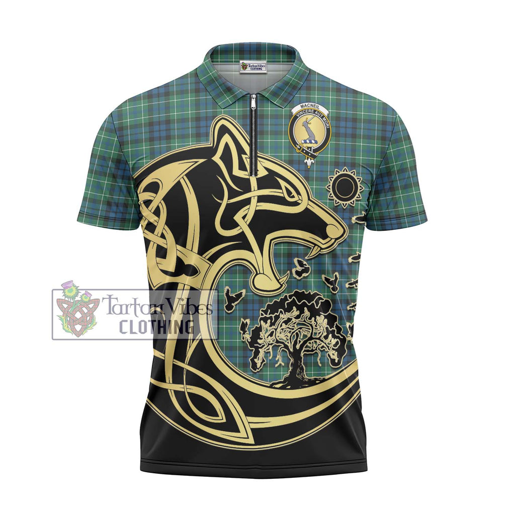 MacNeil of Colonsay Ancient Tartan Zipper Polo Shirt with Family Crest Celtic Wolf Style - Tartanvibesclothing Shop