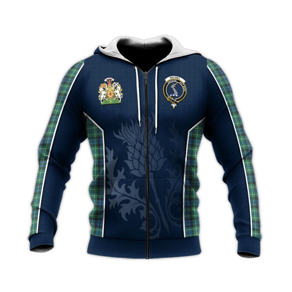 Tartan Vibes Clothing MacNeil of Colonsay Ancient Tartan Knitted Hoodie with Family Crest and Scottish Thistle Vibes Sport Style