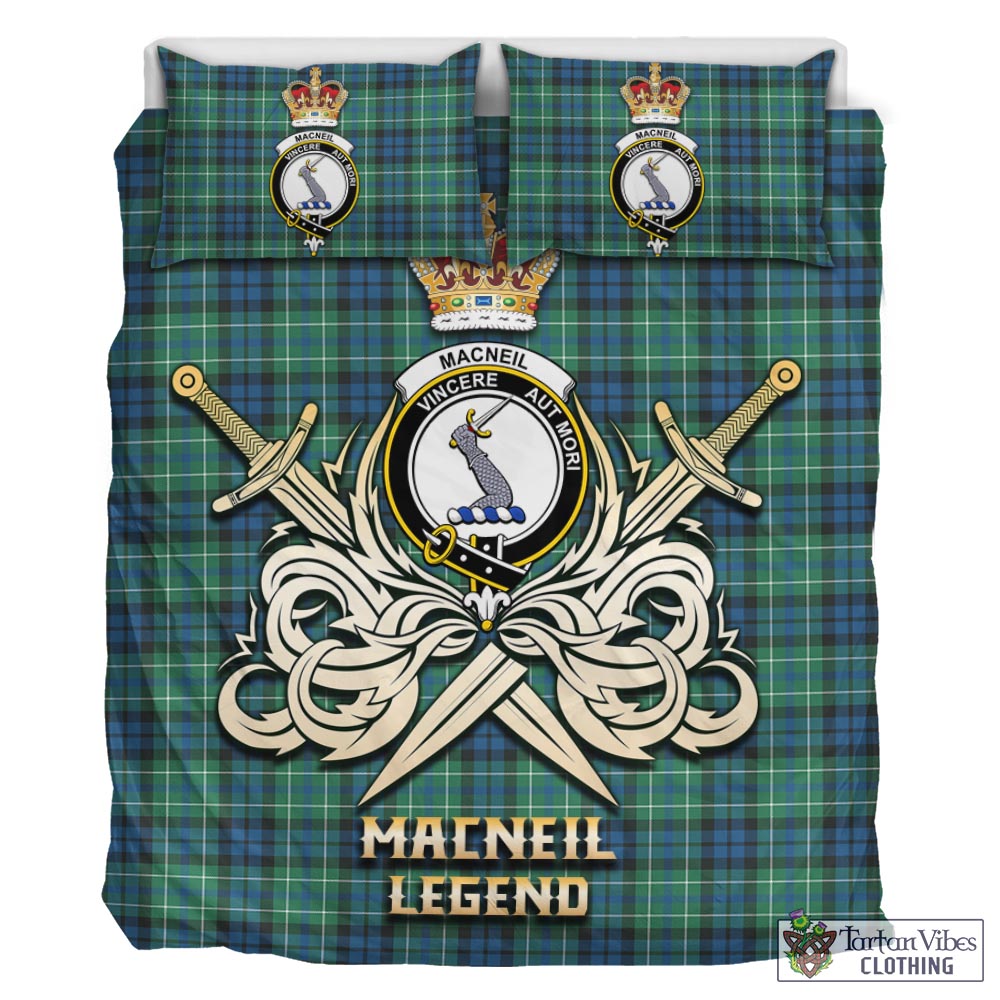 Tartan Vibes Clothing MacNeil of Colonsay Ancient Tartan Bedding Set with Clan Crest and the Golden Sword of Courageous Legacy