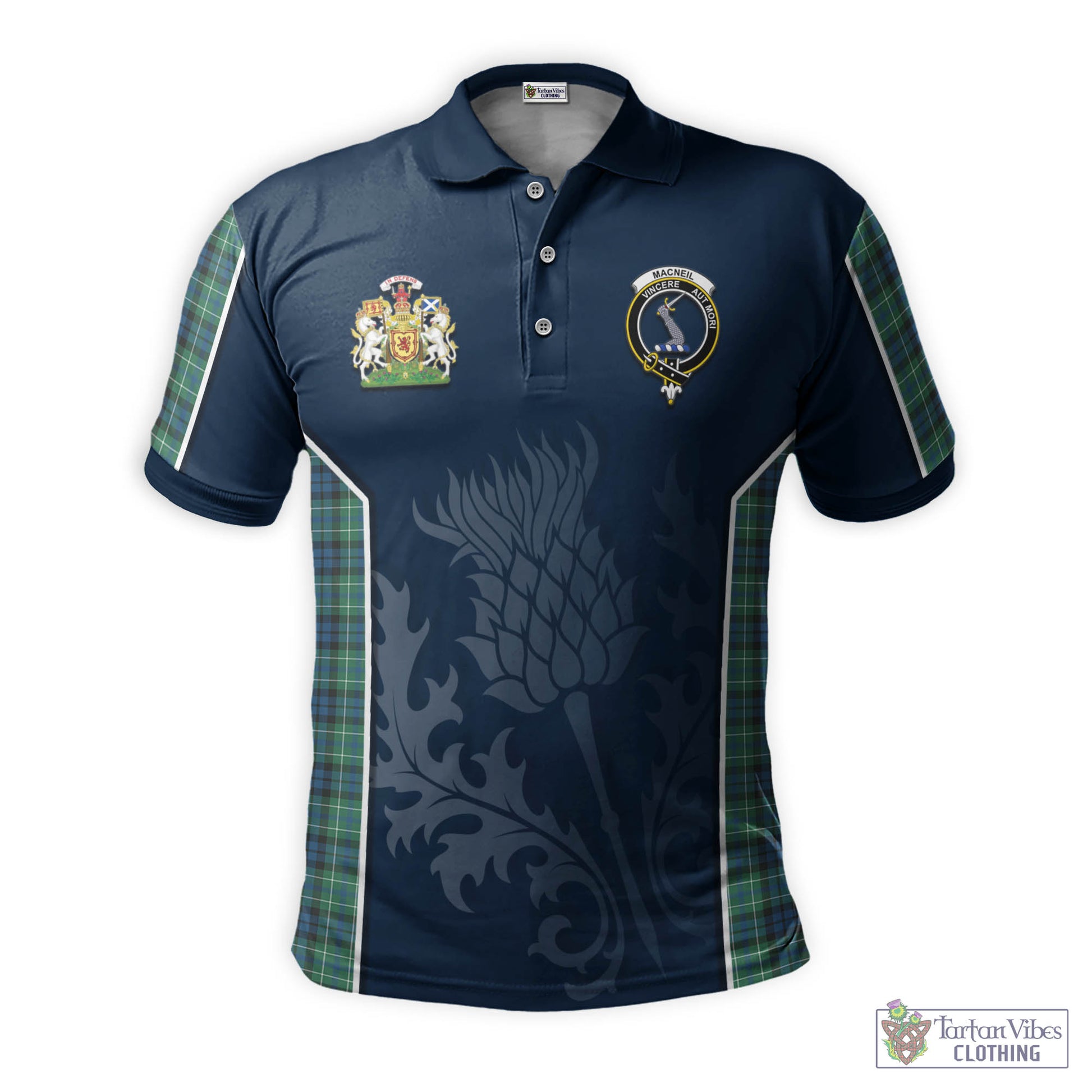 Tartan Vibes Clothing MacNeil of Colonsay Ancient Tartan Men's Polo Shirt with Family Crest and Scottish Thistle Vibes Sport Style