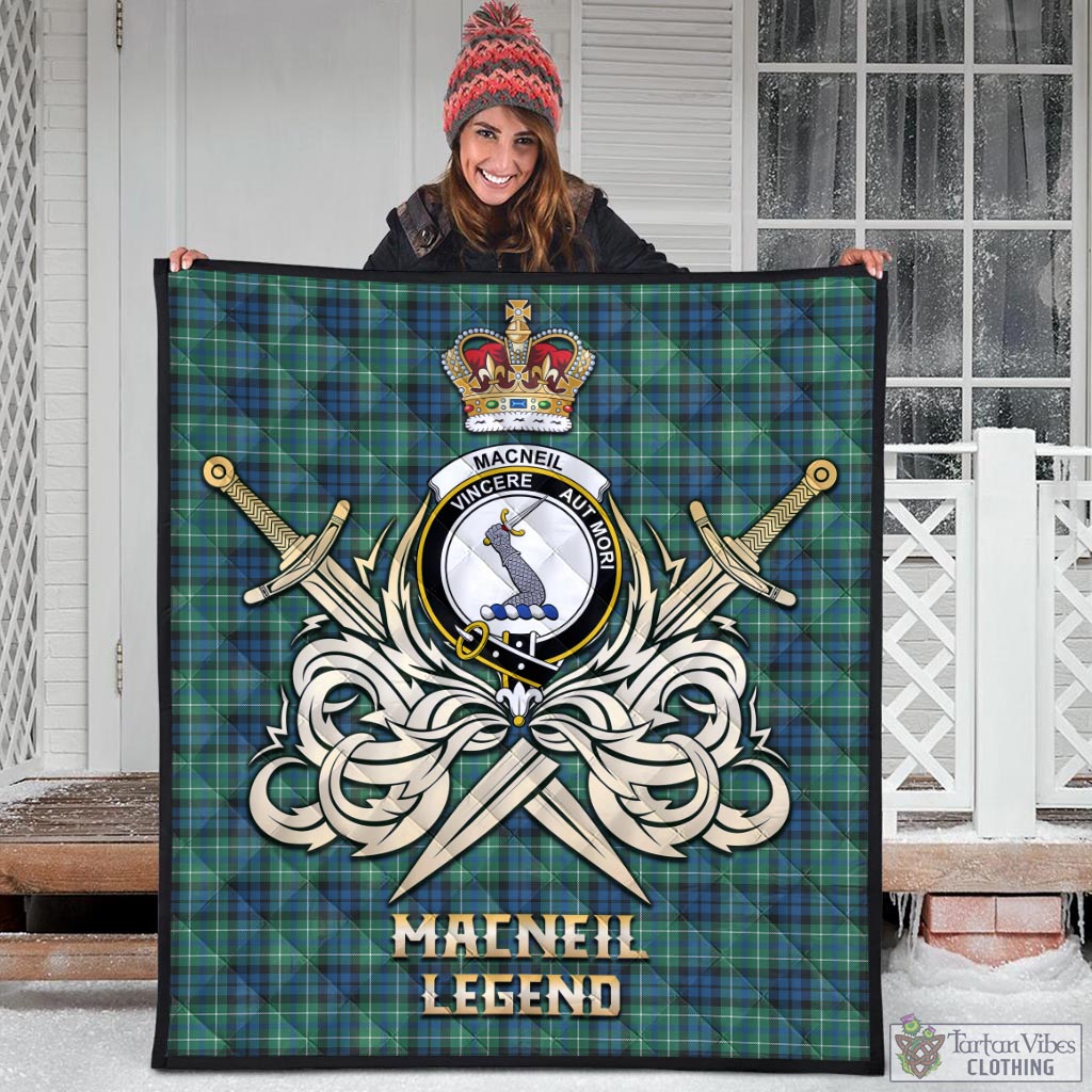 Tartan Vibes Clothing MacNeil of Colonsay Ancient Tartan Quilt with Clan Crest and the Golden Sword of Courageous Legacy