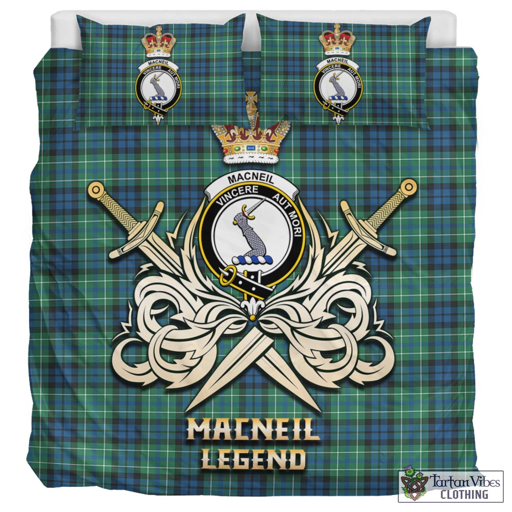 Tartan Vibes Clothing MacNeil of Colonsay Ancient Tartan Bedding Set with Clan Crest and the Golden Sword of Courageous Legacy