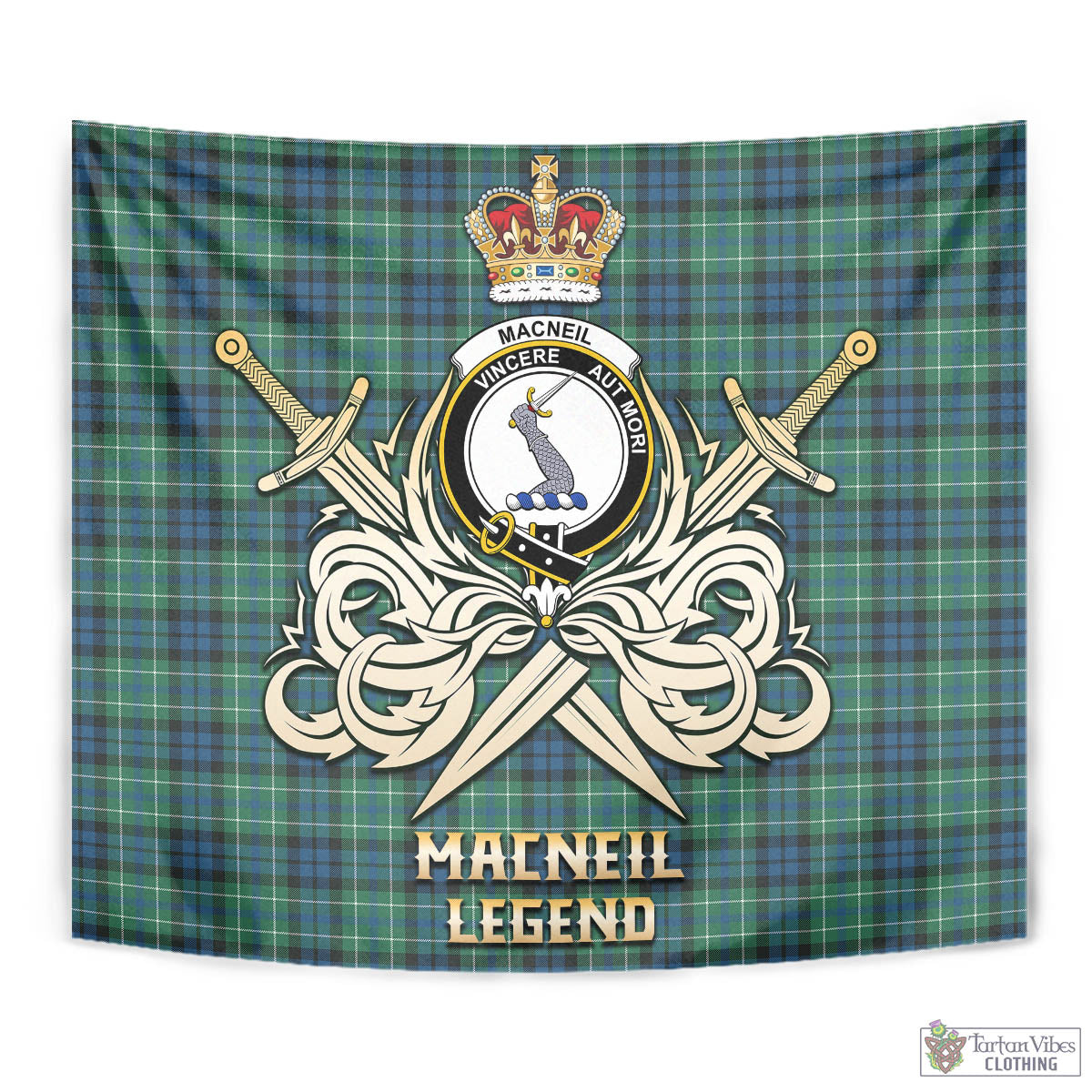 Tartan Vibes Clothing MacNeil of Colonsay Ancient Tartan Tapestry with Clan Crest and the Golden Sword of Courageous Legacy