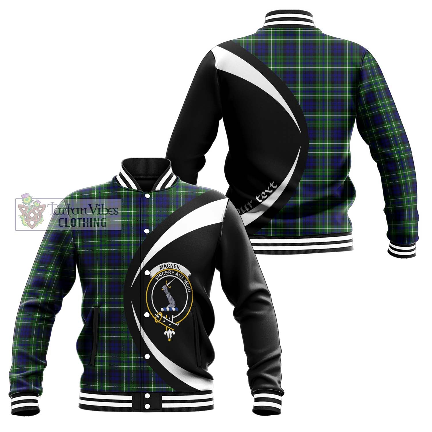 MacNeil of Colonsay Modern Tartan Baseball Jacket with Family Crest Circle Style Unisex - Tartan Vibes Clothing