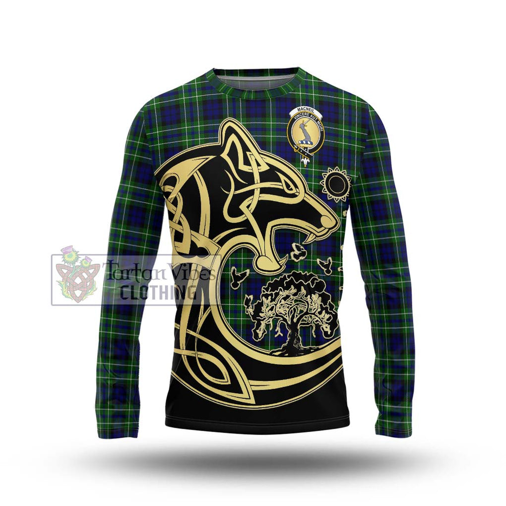 MacNeil of Colonsay Modern Tartan Long Sleeve T-Shirt with Family Crest Celtic Wolf Style Unisex - Tartan Vibes Clothing