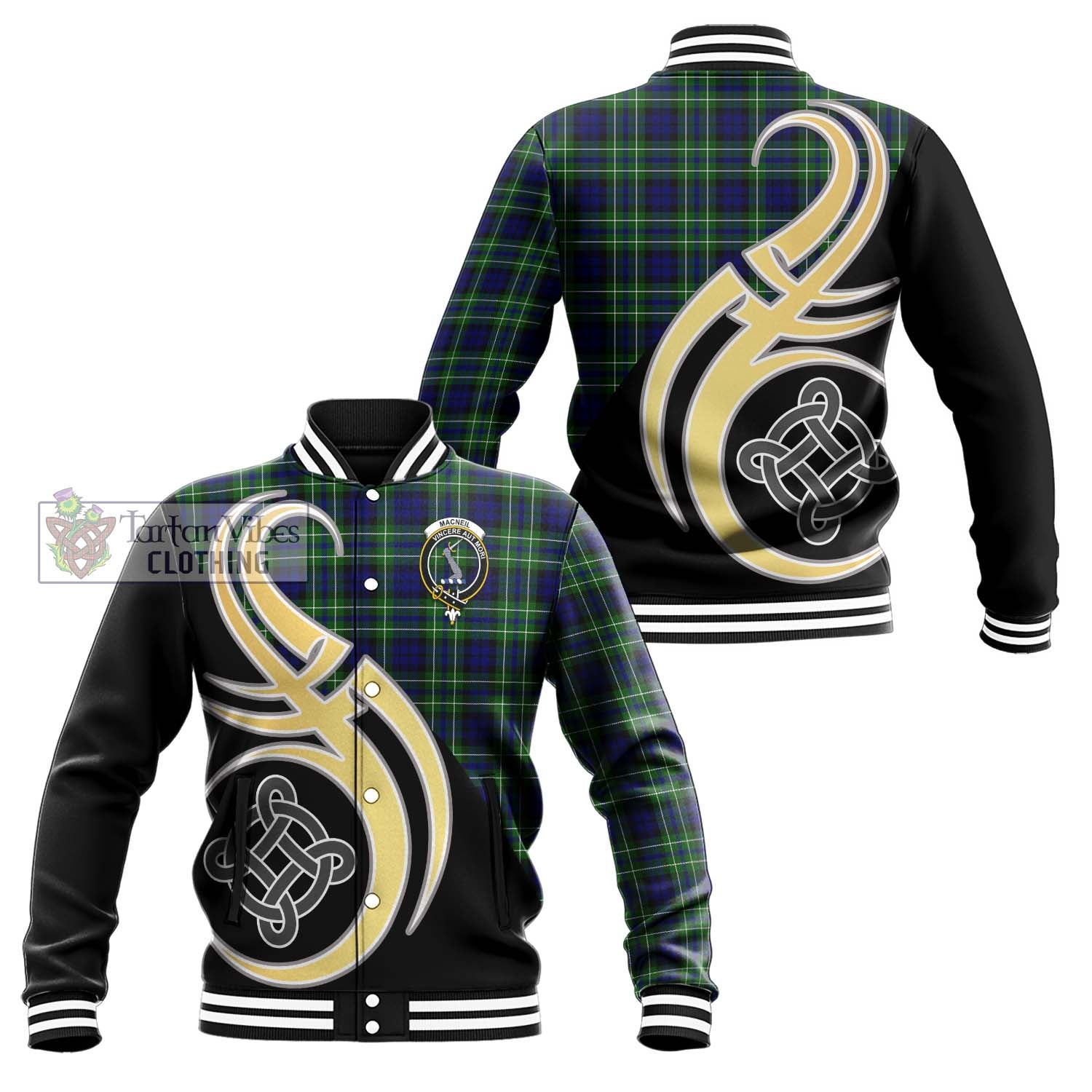 MacNeil of Colonsay Modern Tartan Baseball Jacket with Family Crest and Celtic Symbol Style Unisex - Tartan Vibes Clothing