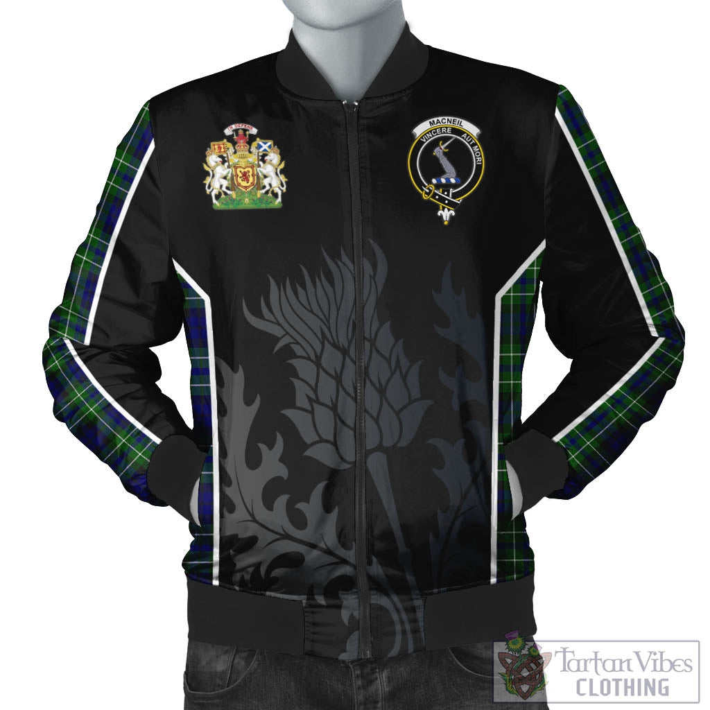 Tartan Vibes Clothing MacNeil of Colonsay Modern Tartan Bomber Jacket with Family Crest and Scottish Thistle Vibes Sport Style