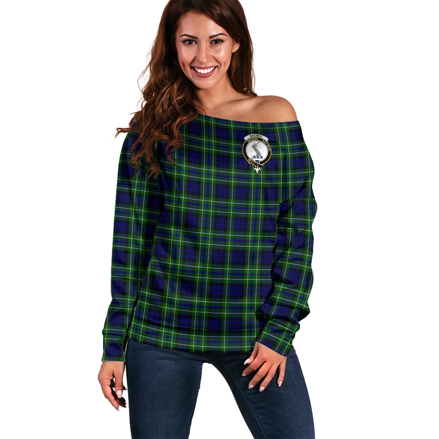 MacNeil of Colonsay Modern Tartan Off Shoulder Women Sweater with Family Crest Women - Tartanvibesclothing