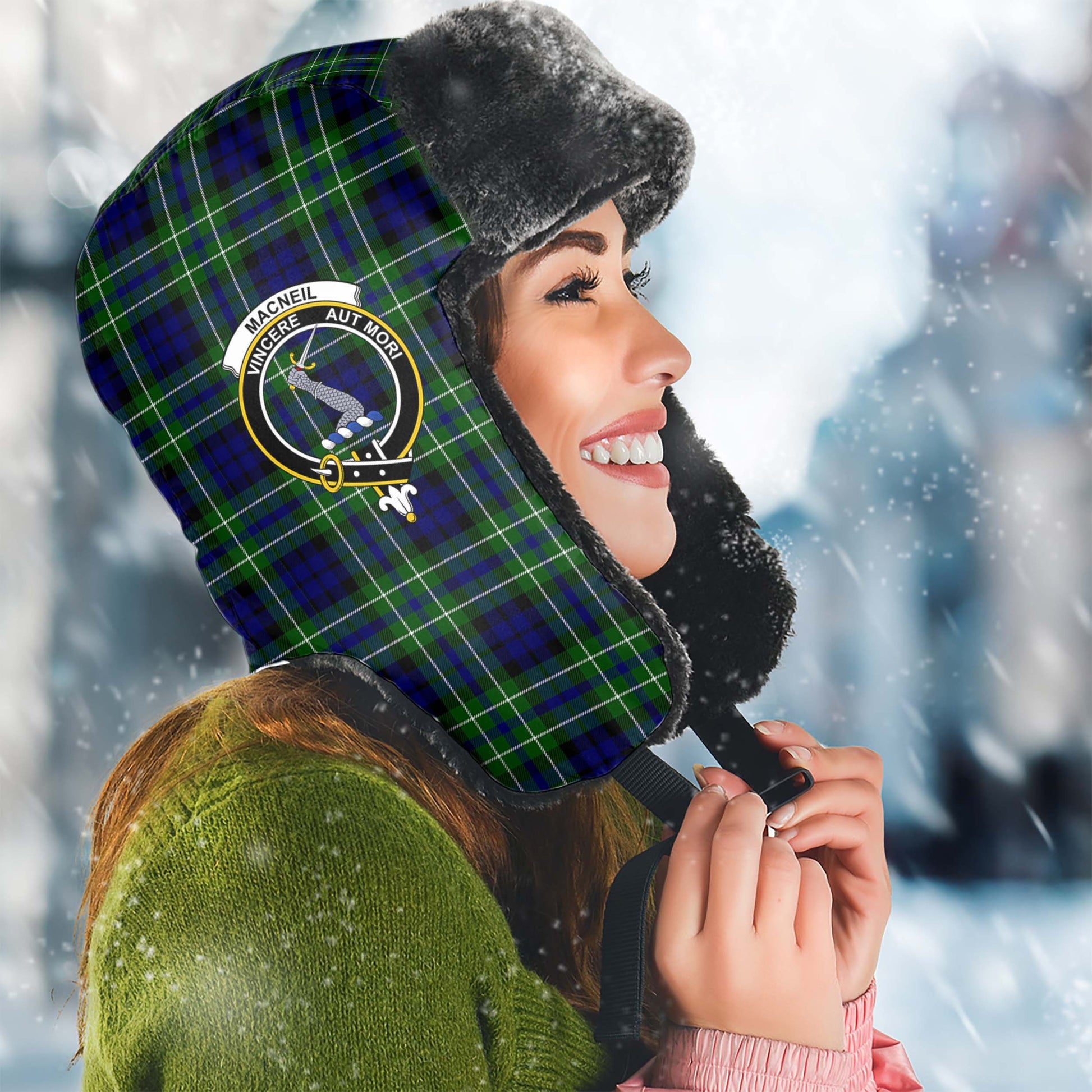 MacNeil of Colonsay Modern Tartan Winter Trapper Hat with Family Crest Winter Trapper Hat Universal Fit Circumference 22.8in (58cm) - Tartanvibesclothing