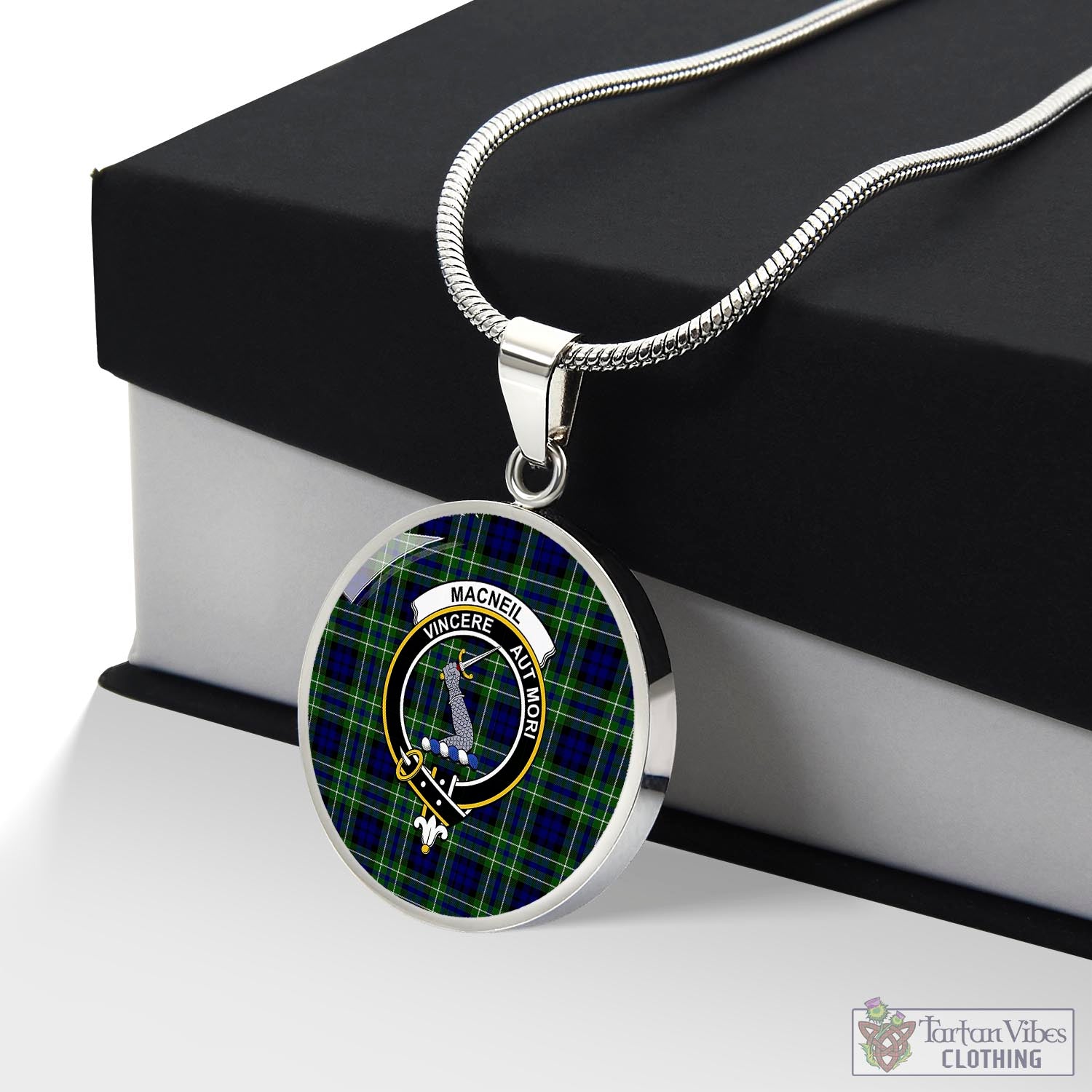 Tartan Vibes Clothing MacNeil of Colonsay Modern Tartan Circle Necklace with Family Crest