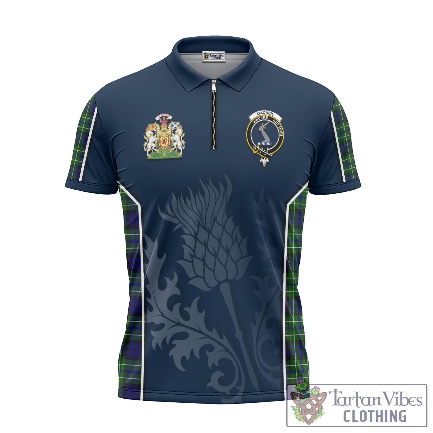 Tartan Vibes Clothing MacNeil of Colonsay Modern Tartan Zipper Polo Shirt with Family Crest and Scottish Thistle Vibes Sport Style