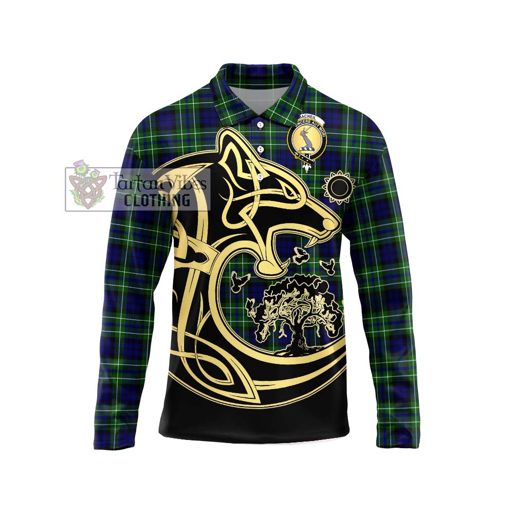 MacNeil of Colonsay Modern Tartan Long Sleeve Polo Shirt with Family Crest Celtic Wolf Style Unisex - Tartanvibesclothing Shop