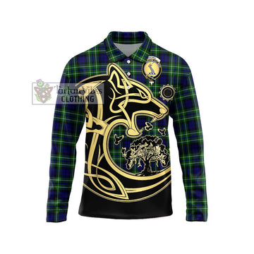 MacNeil of Colonsay Modern Tartan Long Sleeve Polo Shirt with Family Crest Celtic Wolf Style