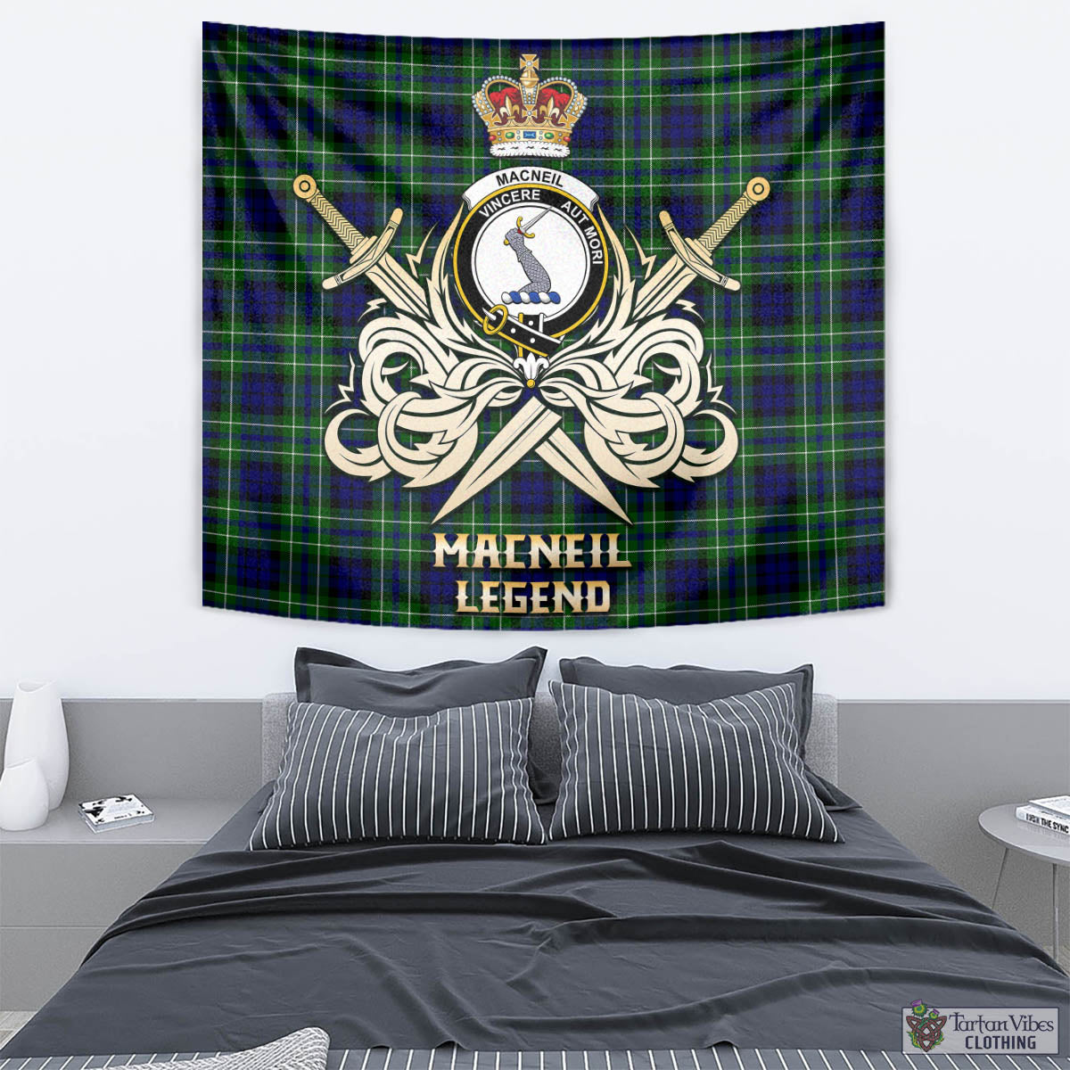 Tartan Vibes Clothing MacNeil of Colonsay Modern Tartan Tapestry with Clan Crest and the Golden Sword of Courageous Legacy