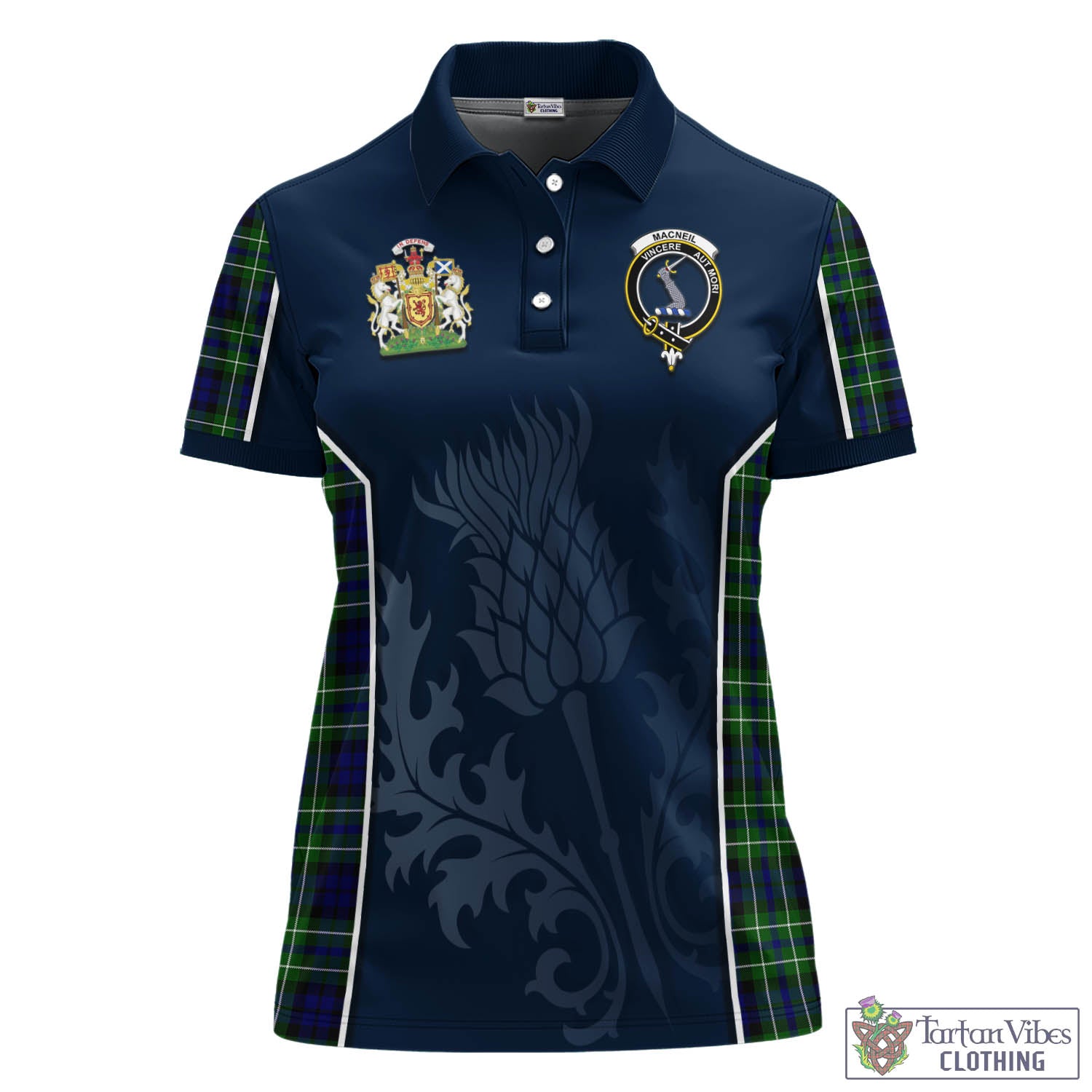 Tartan Vibes Clothing MacNeil of Colonsay Modern Tartan Women's Polo Shirt with Family Crest and Scottish Thistle Vibes Sport Style