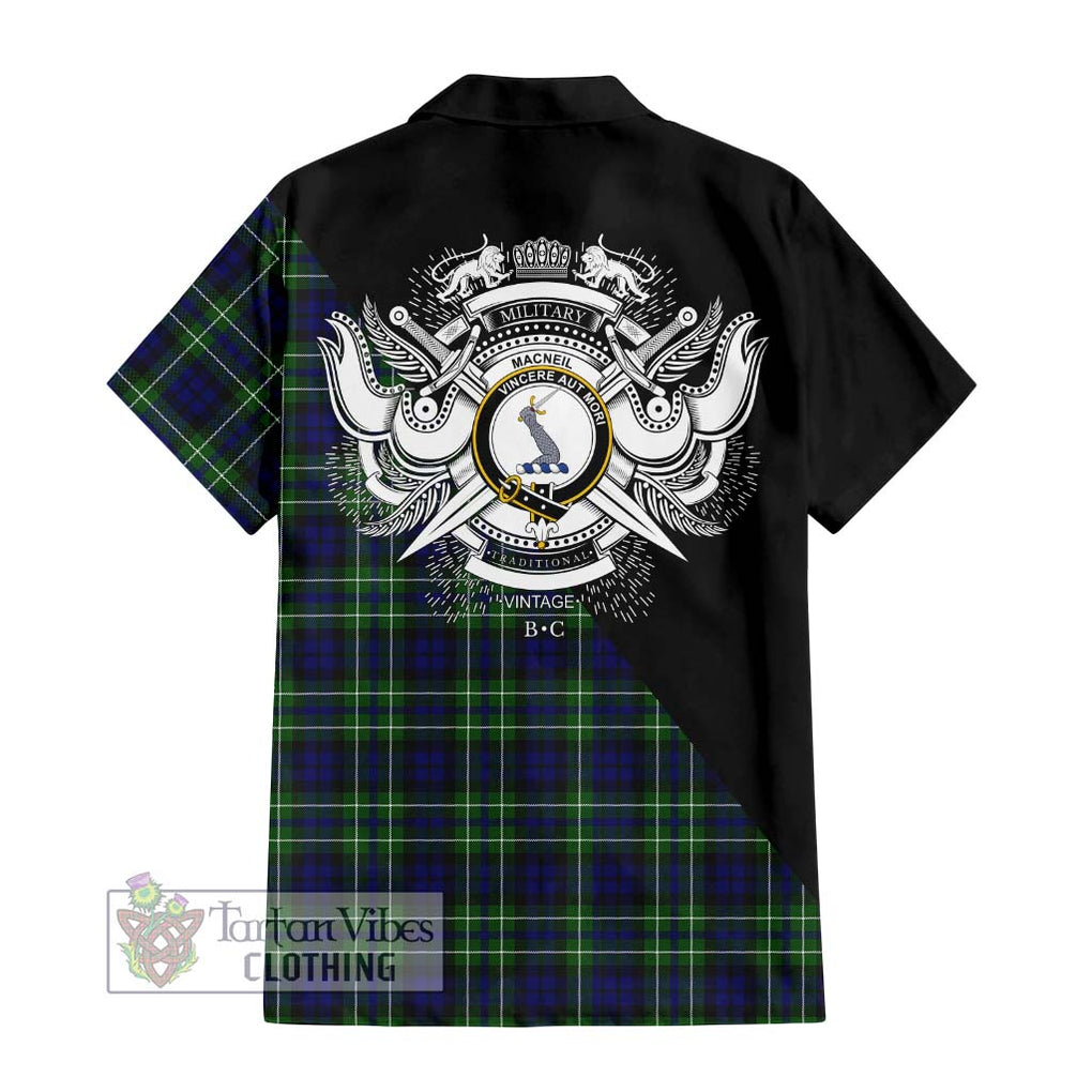 MacNeil of Colonsay Modern Tartan Short Sleeve Button Shirt with Family Crest and Military Logo Style - Tartanvibesclothing Shop