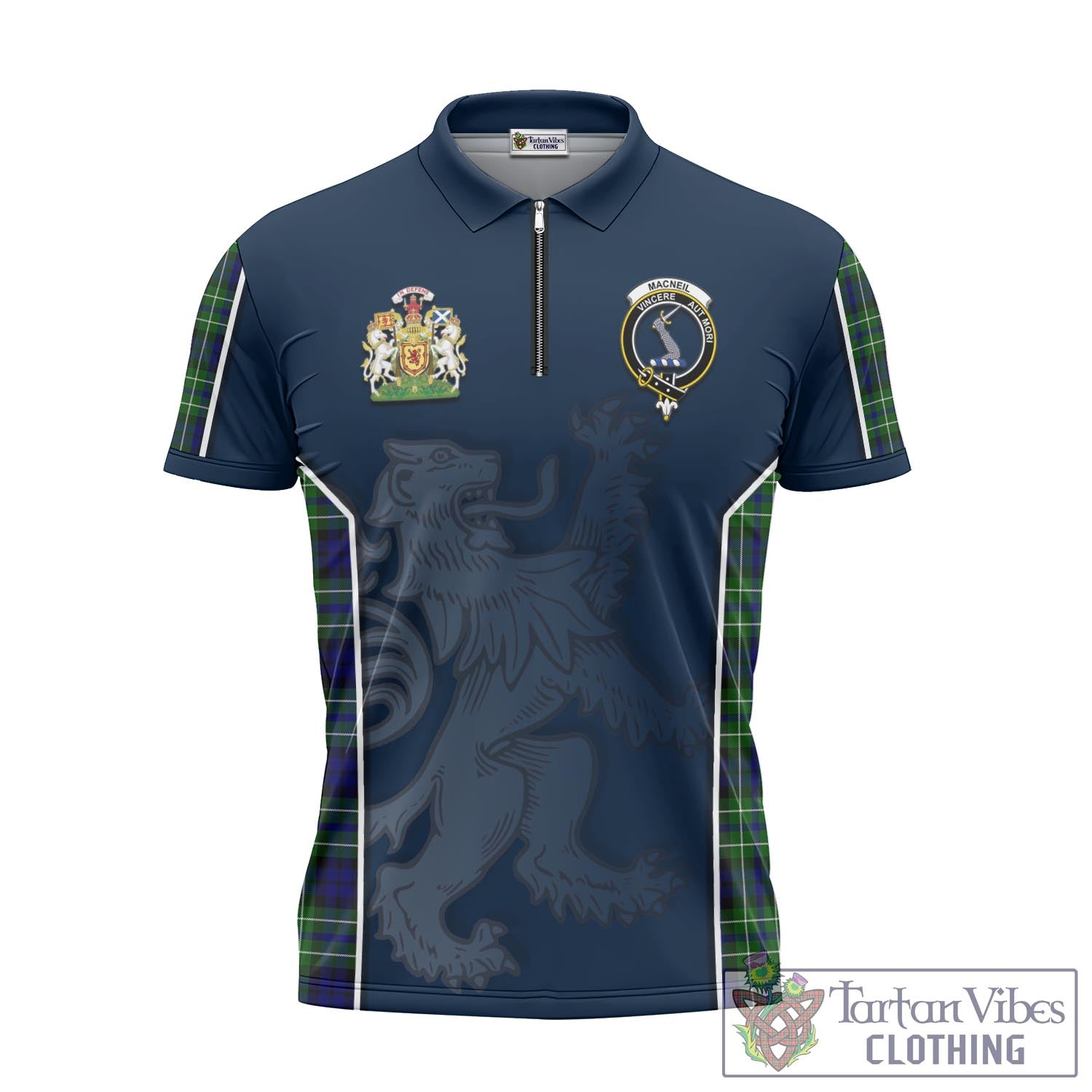 Tartan Vibes Clothing MacNeil of Colonsay Modern Tartan Zipper Polo Shirt with Family Crest and Lion Rampant Vibes Sport Style