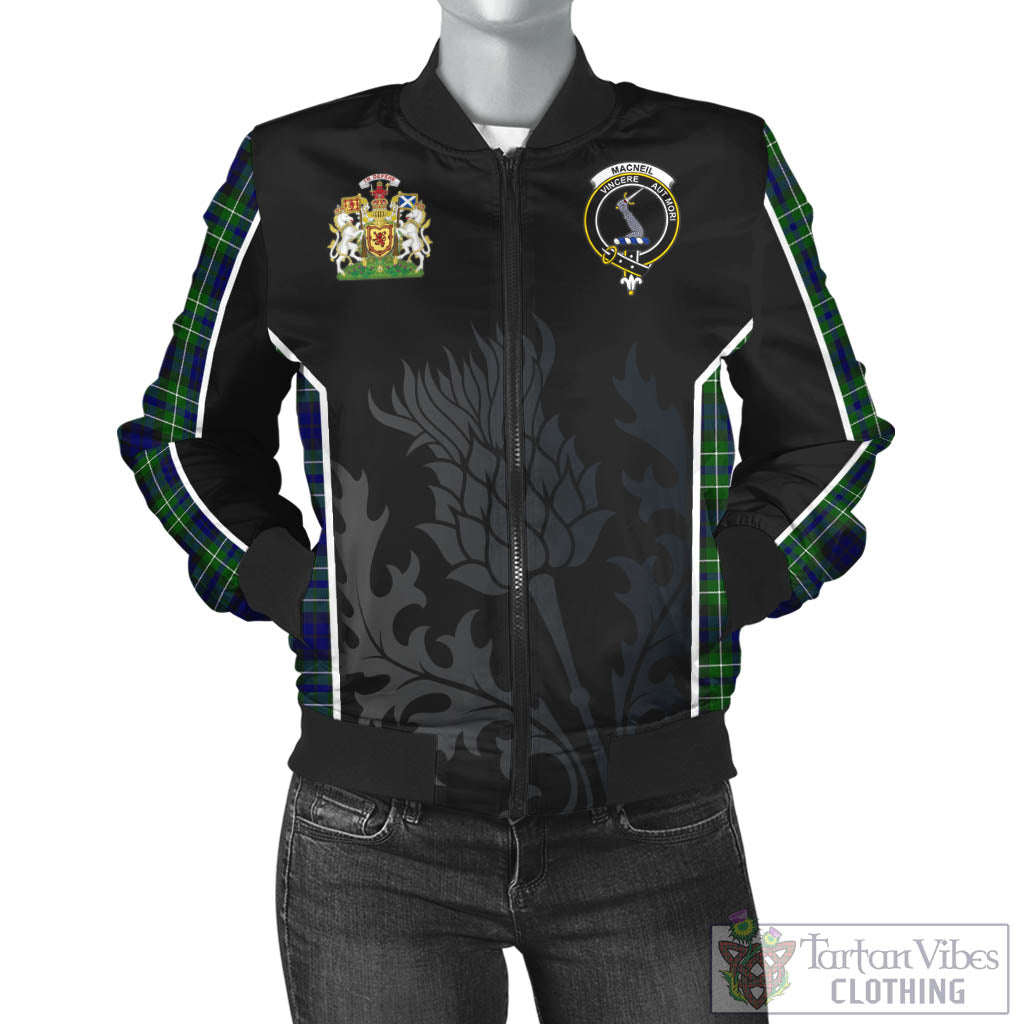 Tartan Vibes Clothing MacNeil of Colonsay Modern Tartan Bomber Jacket with Family Crest and Scottish Thistle Vibes Sport Style